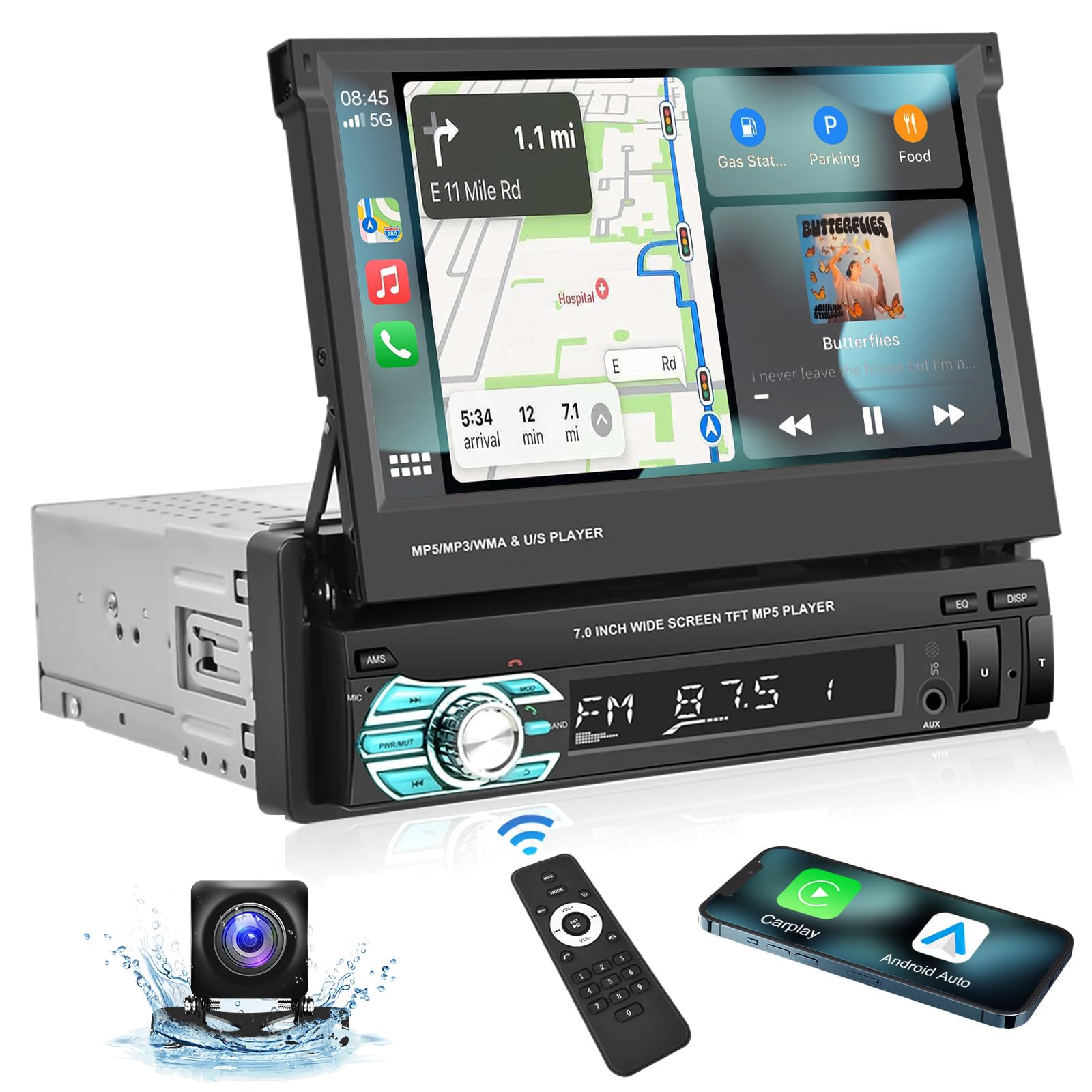 Podofo Single Din Apple Carplay Car Stereo With Bluetooth Ahd Backup Camera, 7� Flip Out Touch Screen Car Radio Mp5 Player Support Android Auto, Mirror Link, Usb, Tf, Fm Radio, Aux In, Swc