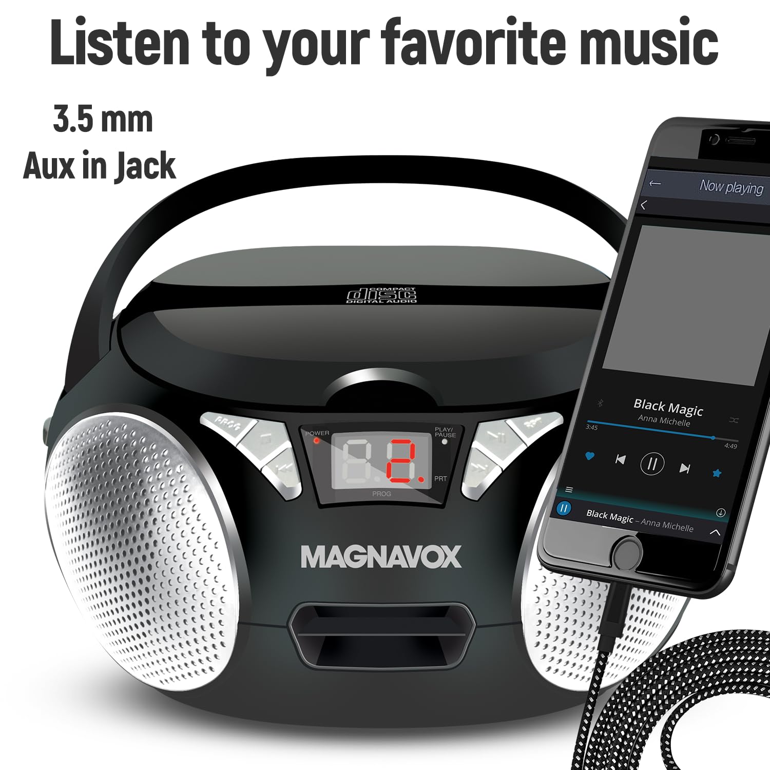 Magnavox Md6924 Portable Top Loading Cd Boombox With Am/Fm Stereo Radio In Black | Cd-R/Cd-Rw Compatible | Led Display | Aux Por