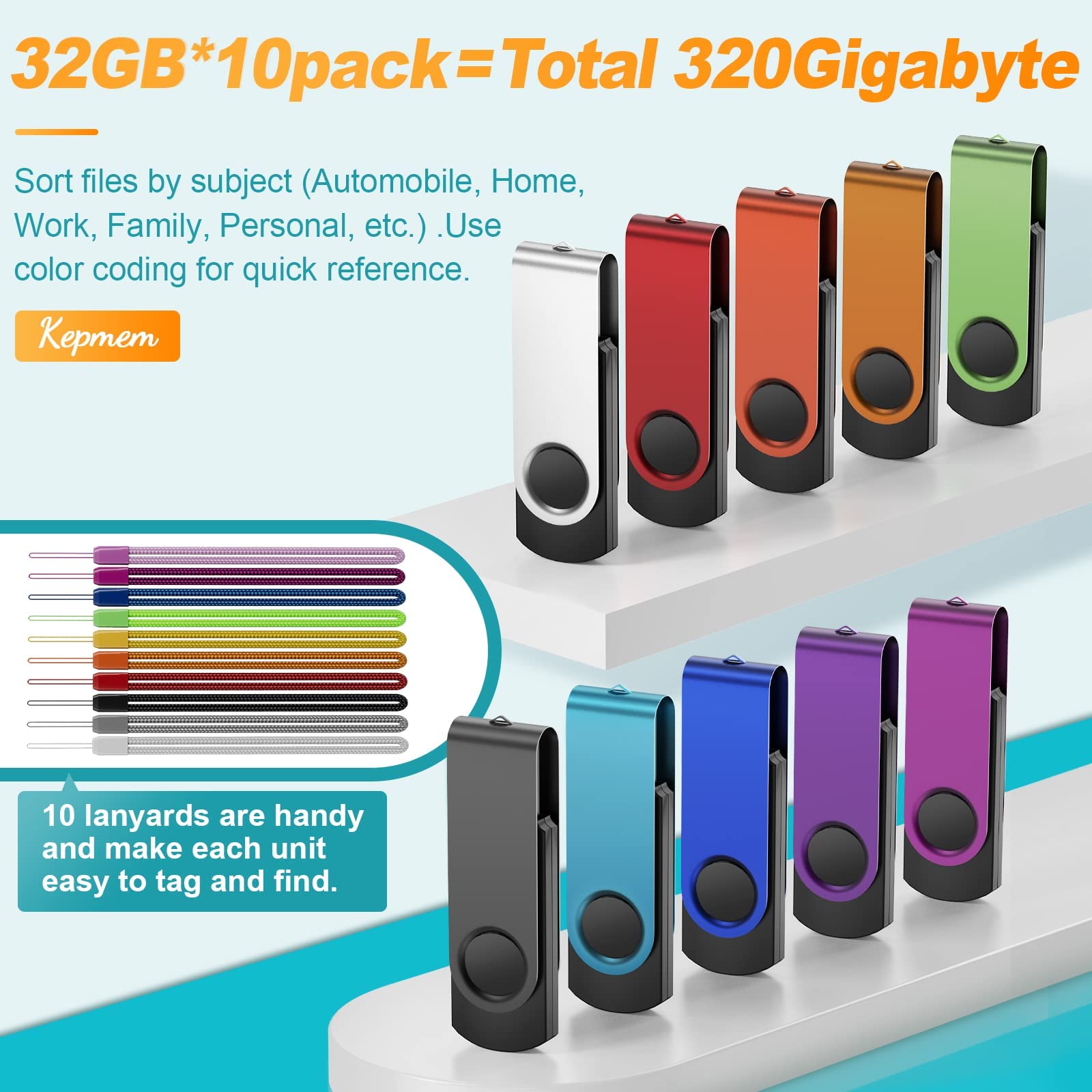 Thumb Drive 32Gb 10 Pack Flash Drives Bulk, Kepmem Metal Swivel Usb 3.0 Memory Stick 32 Giga Pen Drive Colorful Jump Drive 32 Gb
