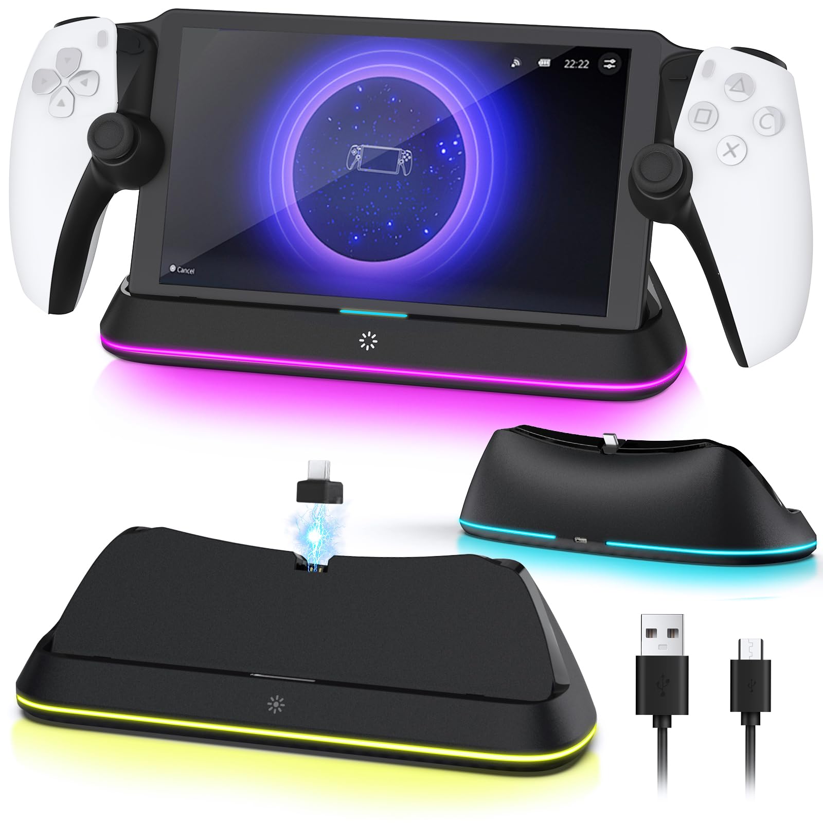 Acegamer Charging Stand For Playstation Portal, Enhanced Stability Charger Dock Or Station With On/Off Rgb Light And Type C Cabl