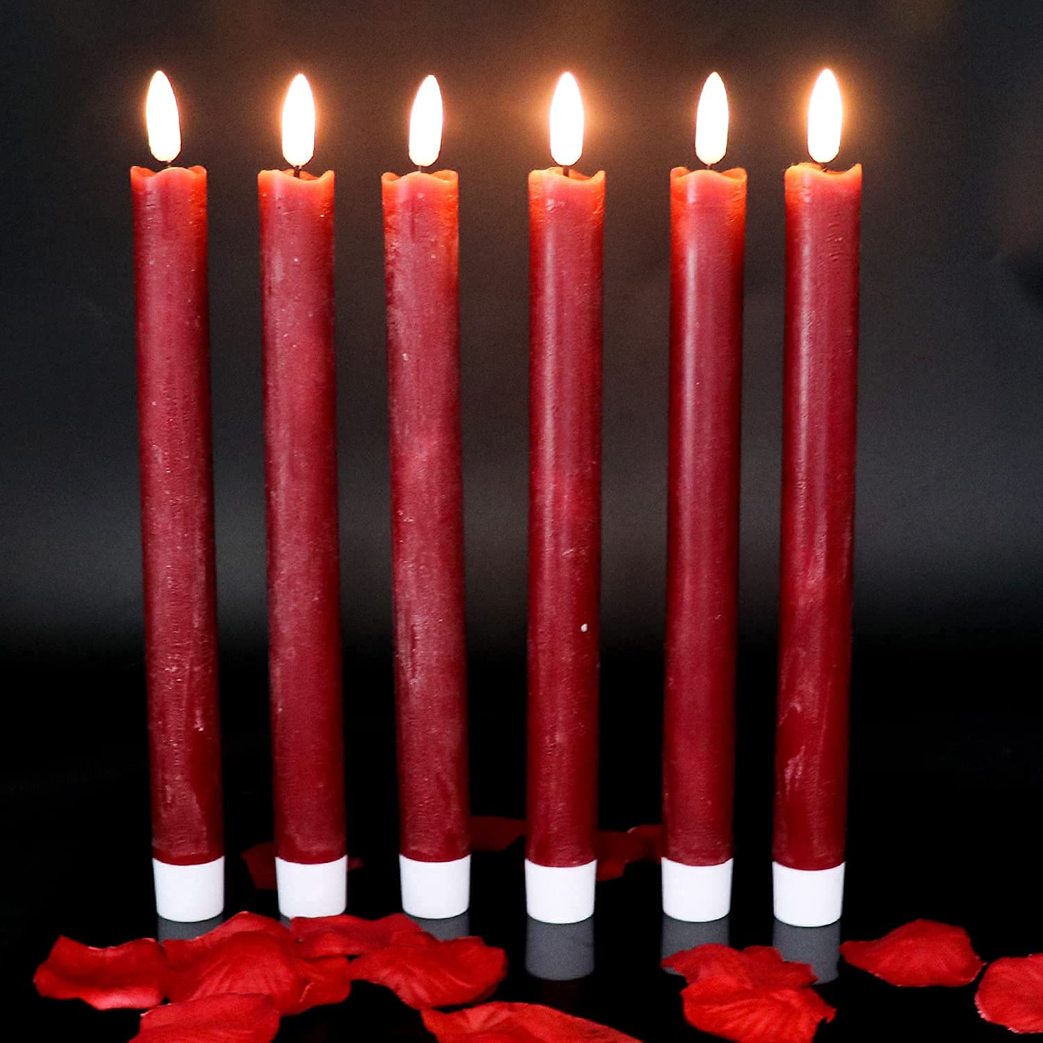 Wondise Flameless Taper Candles With Timer, Battery Operated Real Wax Realistic 3D Wick Burgundy Candles, For Home Wedding Holid
