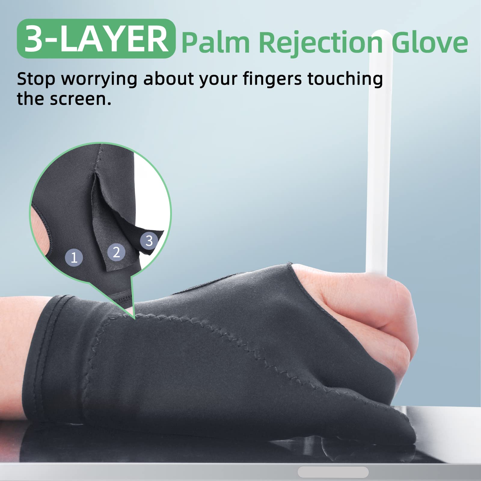 Artist Drawing Glove 3 Layer Palm Rejection [2 Pack Black] Right Left Hand Digital Art Graphic Tablet Ipad Gloves Two Finger Smo