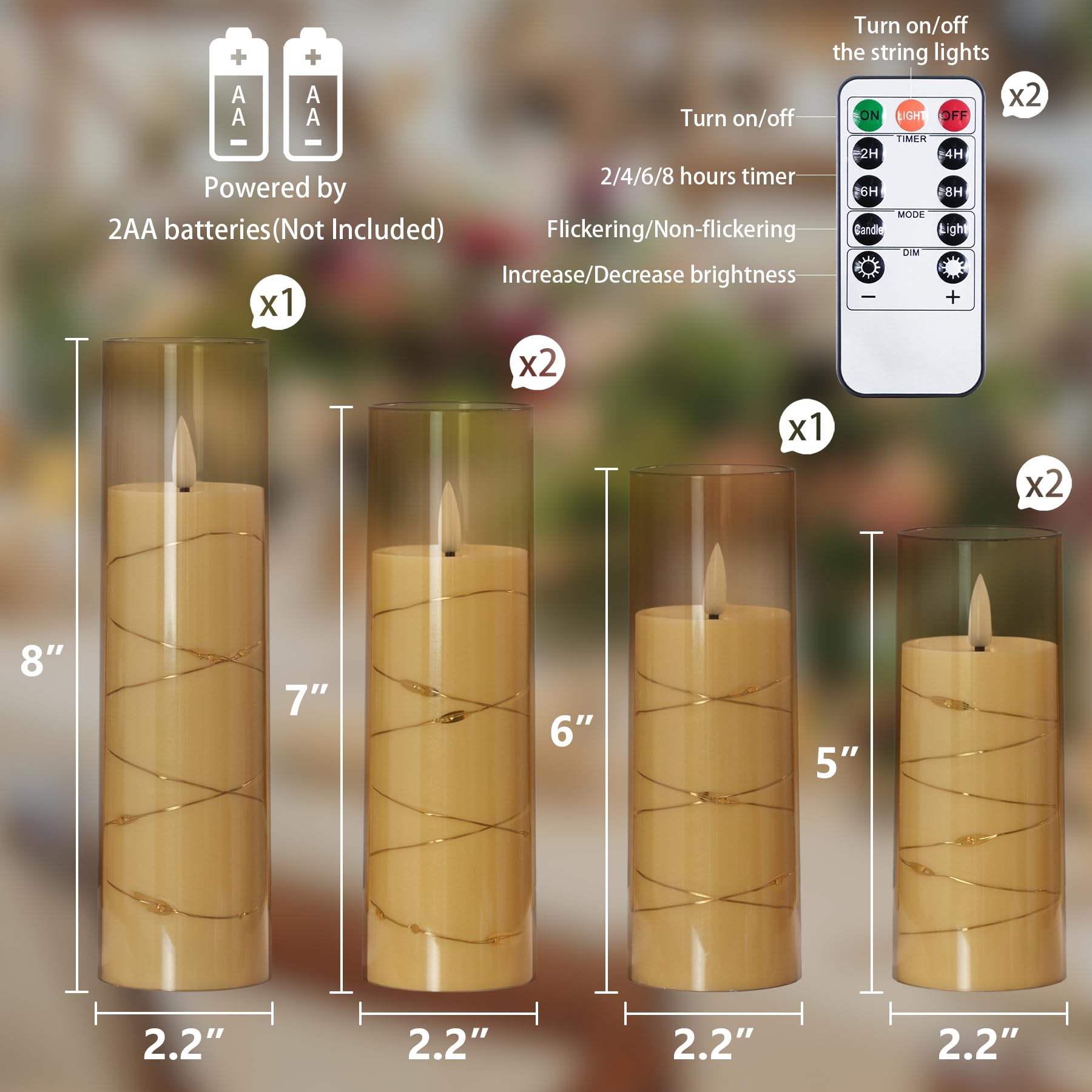 Yeelida Gold Flameless Candles With Remote And String Light, 2.2''X 5'',5'',6'',7'',7'',8'' Led Battery Operated Plastic Flicker