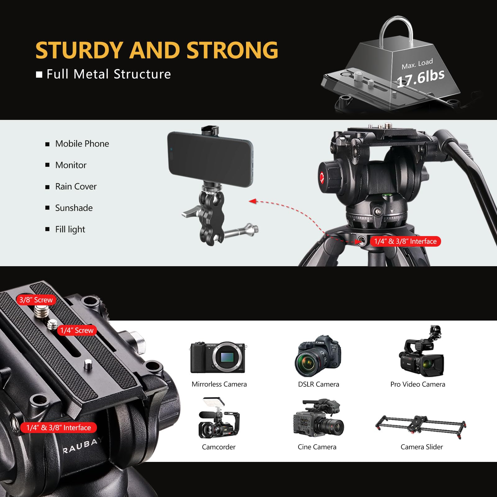 Raubay 70.8' Video Camera Tripod, Heavy Duty Tripods Stand With 360� Pan & 165� Tilt Fluid Head, 75Mm Bowl Base, Aluminum Single Tube Legs, Qr Plate, Max. Load 17.6Lb For Dslr Camera, Camcorder (Dv 3)