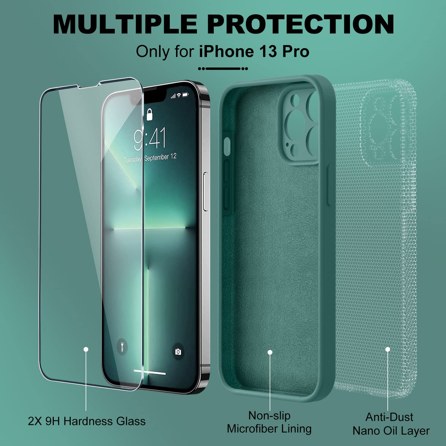 BossKiss iPhone 13 Pro Silicone Phone Case with Camera Protection, Soft Microfiber Lining & 2 Screen Protectors, Pine Green