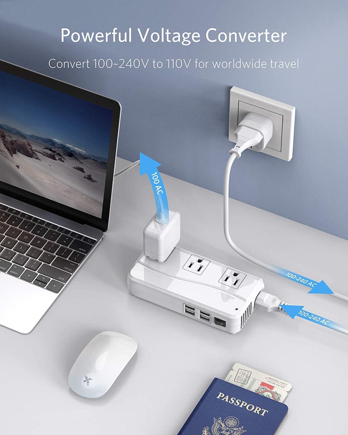 BESTEK Universal Travel Adapter 100-220V to 110V Converter 250W 4-Port USB 3 AC Sockets EU Plug White Model MRJ201GU-EU-P
