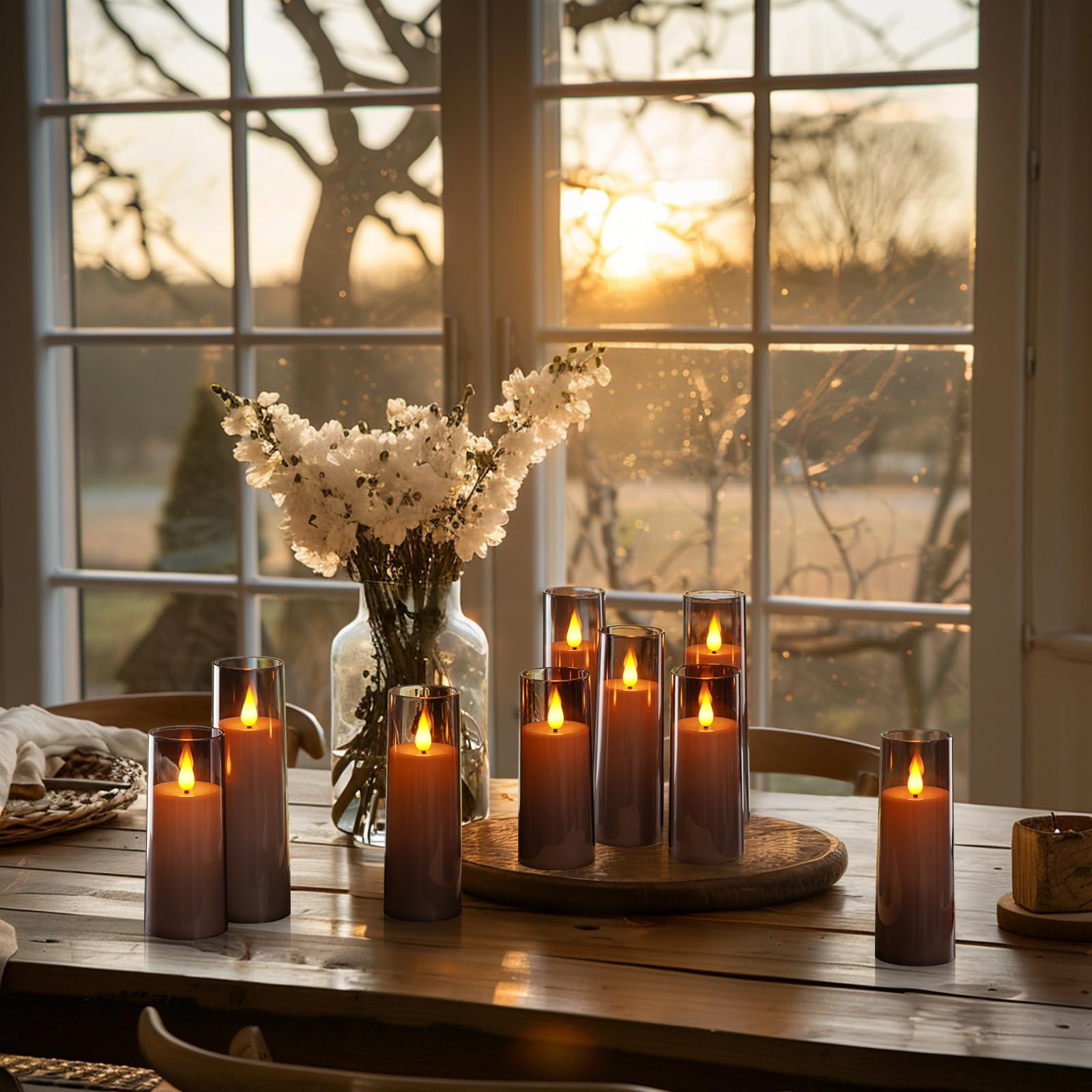 Amagic Grey Flameless Candles 9 Set, Battery Operated Candles With Remote Control And Timer, Flickering Led Pillar Candles For H