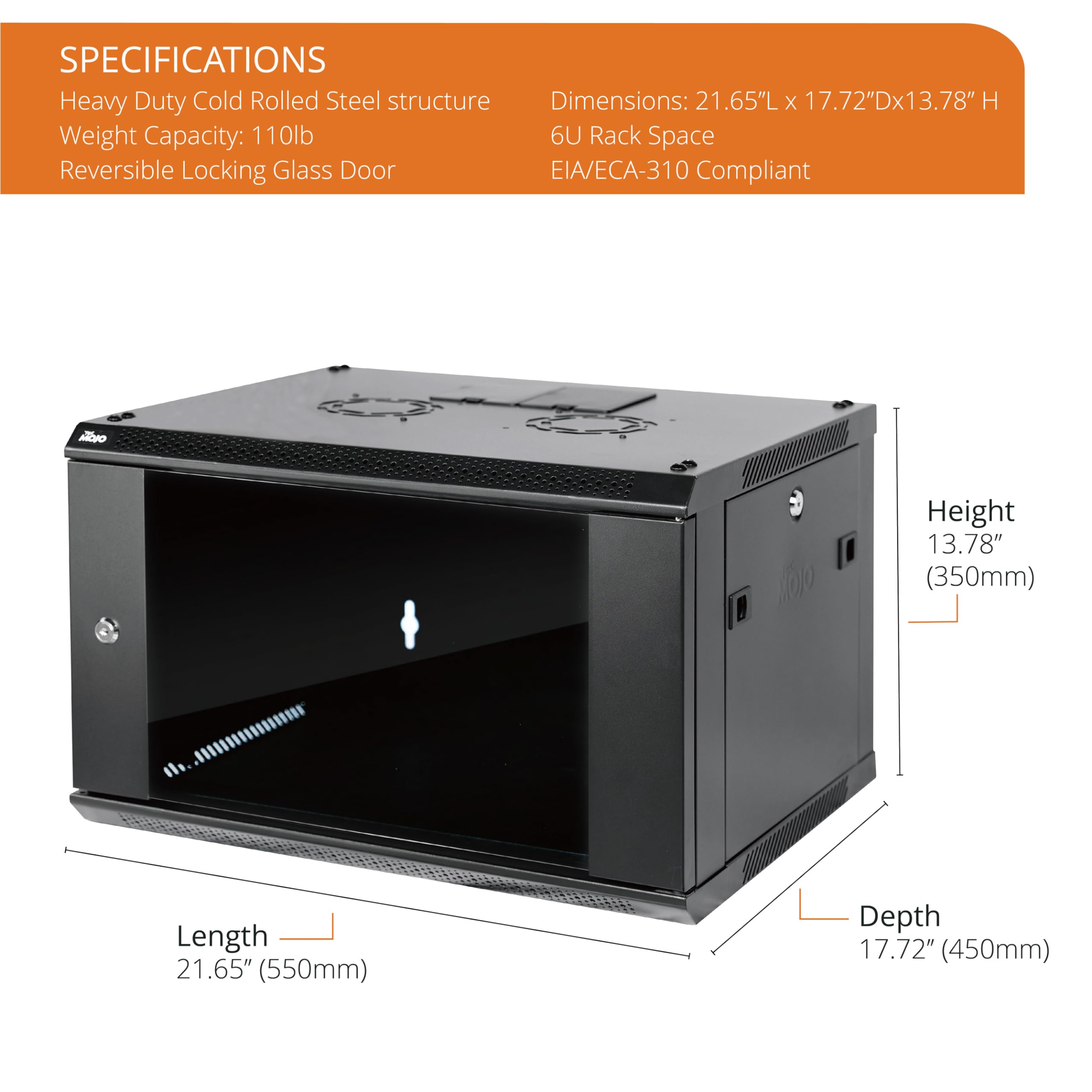 Tecmojo 6U Wall Mount Server Cabinet It Network Rack Enclosure Lockable Door And Side Panels Black,Cooling Fan,Standard Glass Do