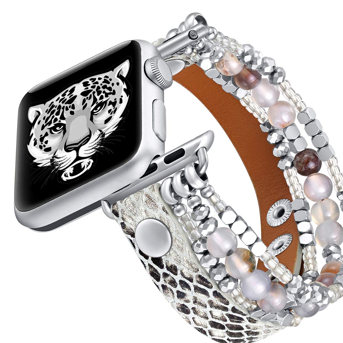 Fastgo Bracelet Band Leather Compatible With Apple Watch 42Mm 44Mm 45Mm 49Mm Series6 , Snakeskin Elastic Beaded Animal Print Str