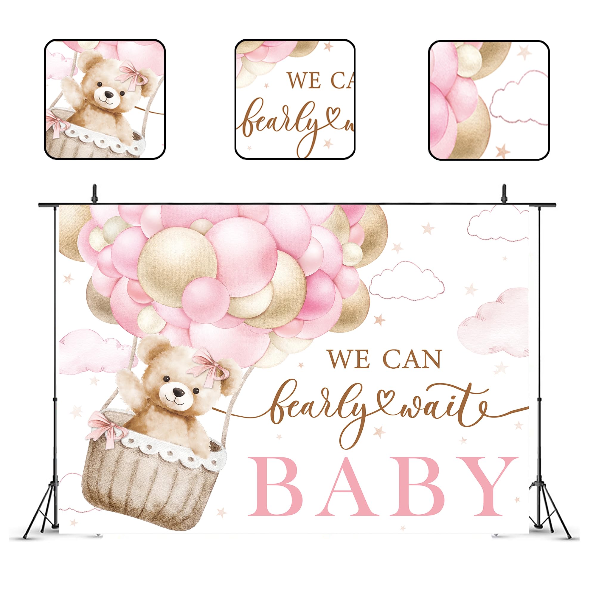 Glawry We Can Bearly Wait Baby Shower Decorations Backdrop For Photography 7Wx5H Feet Pink Cute Cartoon Bear Animal Hot Air Ball