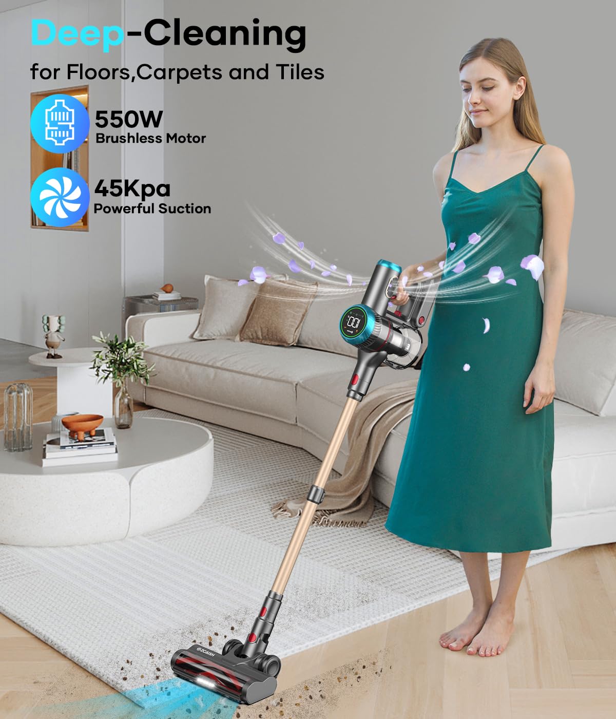 Cordless Vacuum Cleaner, 550W 45Kpa 60 Mins Runtime Vacuum Cleaners For Home With Smart Display, Stick Vacuum With Charging Dock
