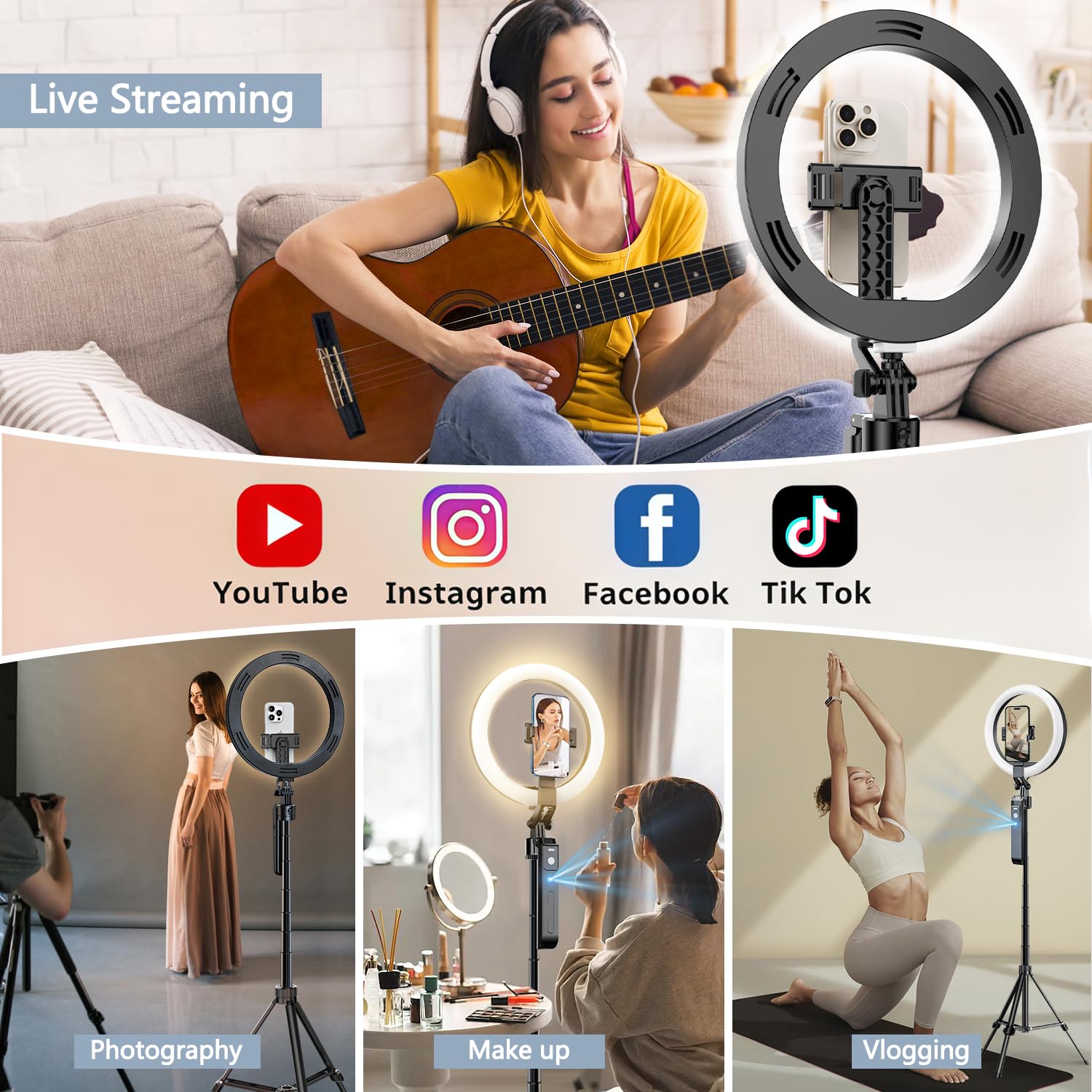 Upgraded Auto Face Tracking Tripod 360 Rotation With Stand, 10 Rgb Ring Light Phone Tripod & Selfie Stick With Remote And Gestur
