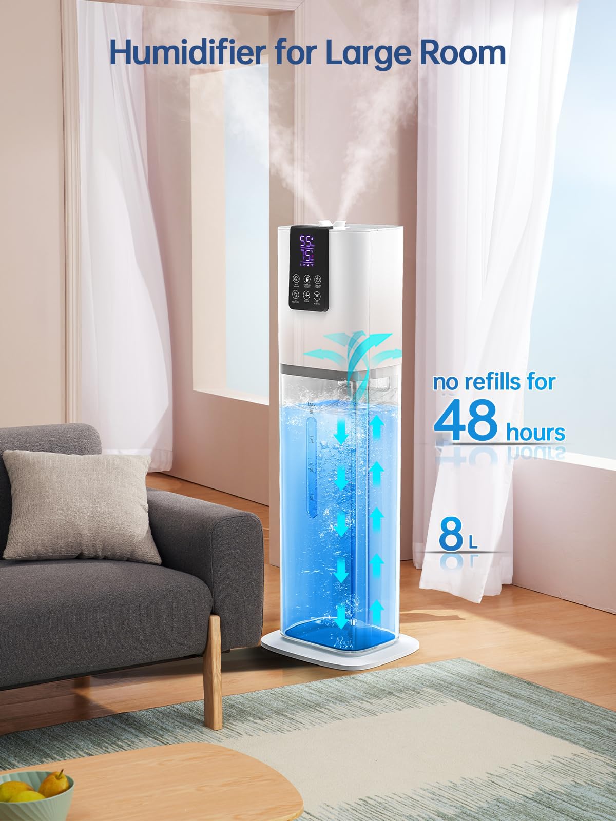 8L Smart Humidifiers For Bedroom Large Room, 2.1Gal Cool Mist Top Fill Diffuser Ambient Light, App & Remote Control, 3 Mist Mode