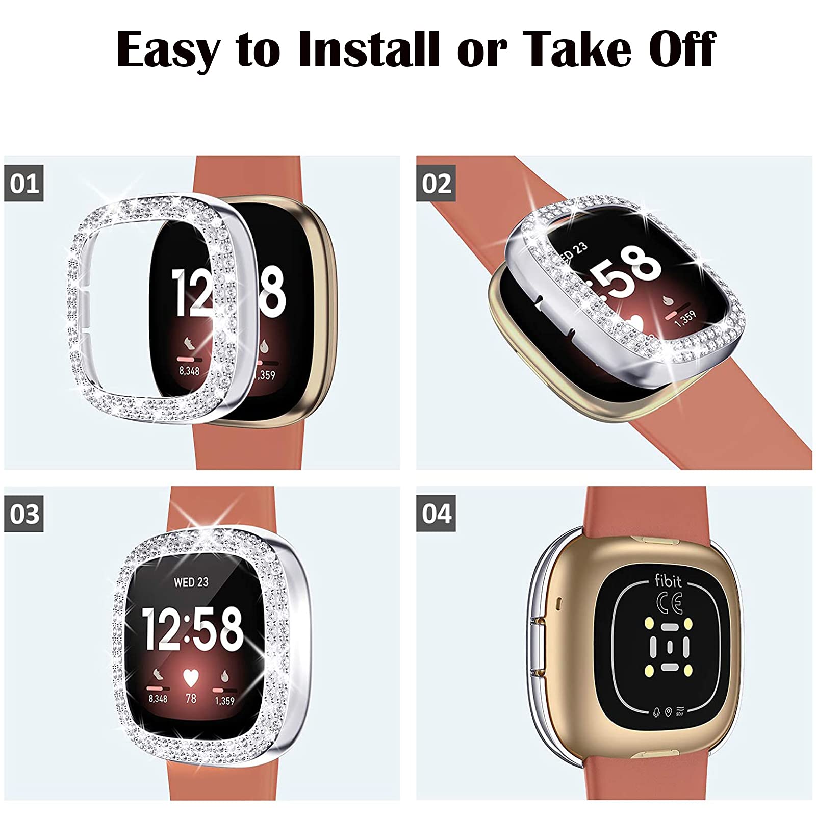 Singear [Double Diamonds] Bling Protector Case Compatible For Fitbit Versa 3/ Sense, Shiny Crystal Rhinestone Bumper Frame For W