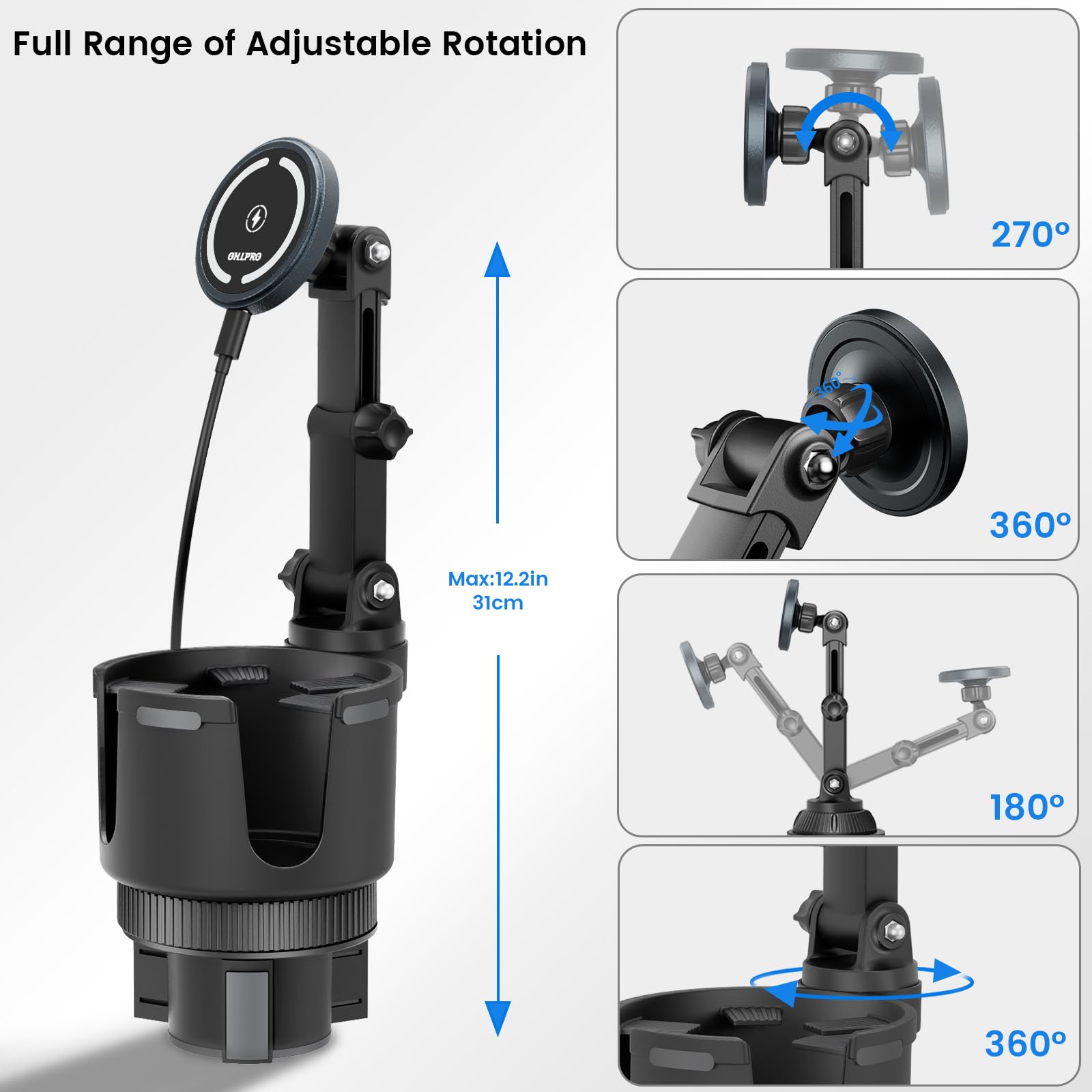 Ohlpro For Magsafe Car Charger Cup Holder Mount, 15W Fast Wireless Magnetic Charging Phone Holder For Iphone 16 15 14 13 12 Seri