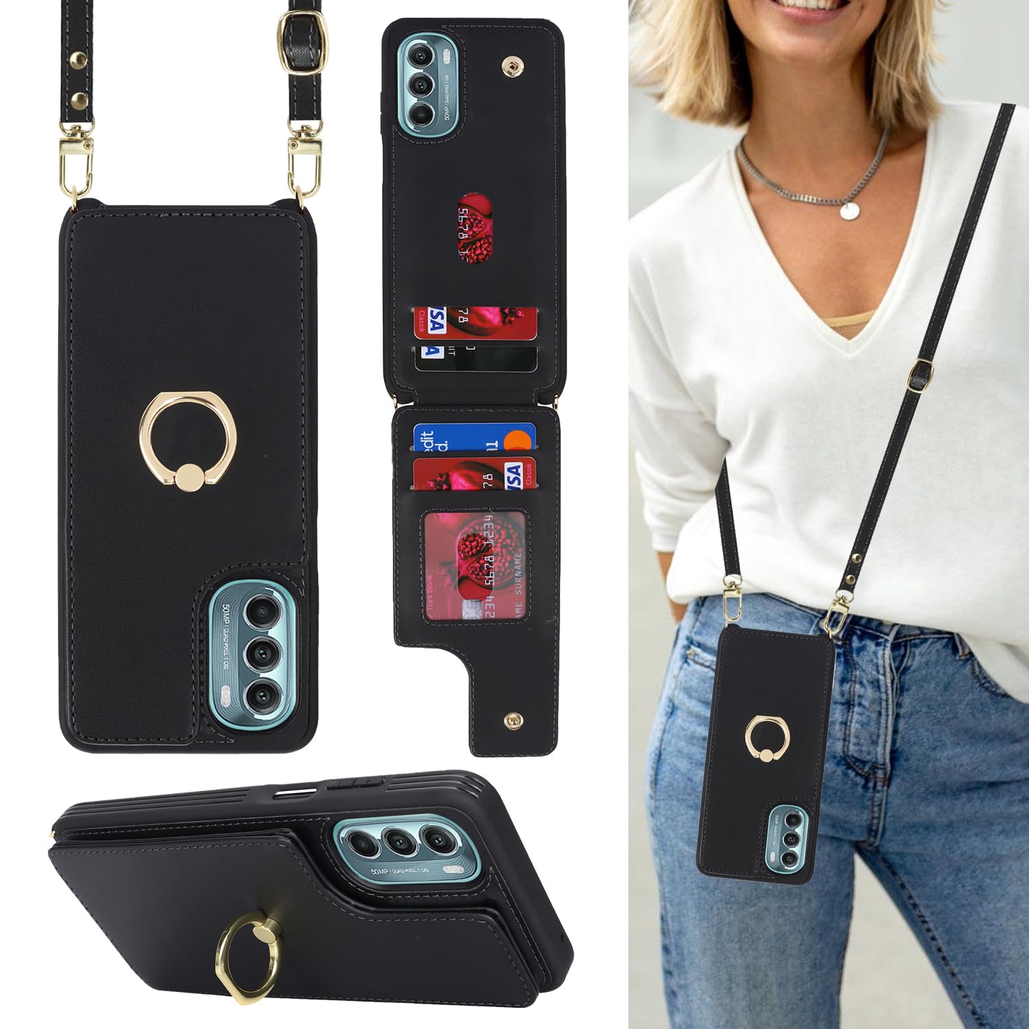 Lipvina for Moto G Stylus 5G 2022 Case with Card Holder and Strap for Women,Crossbody Lanyard,Ring Stand,Snap Clasp,Phone Wallet