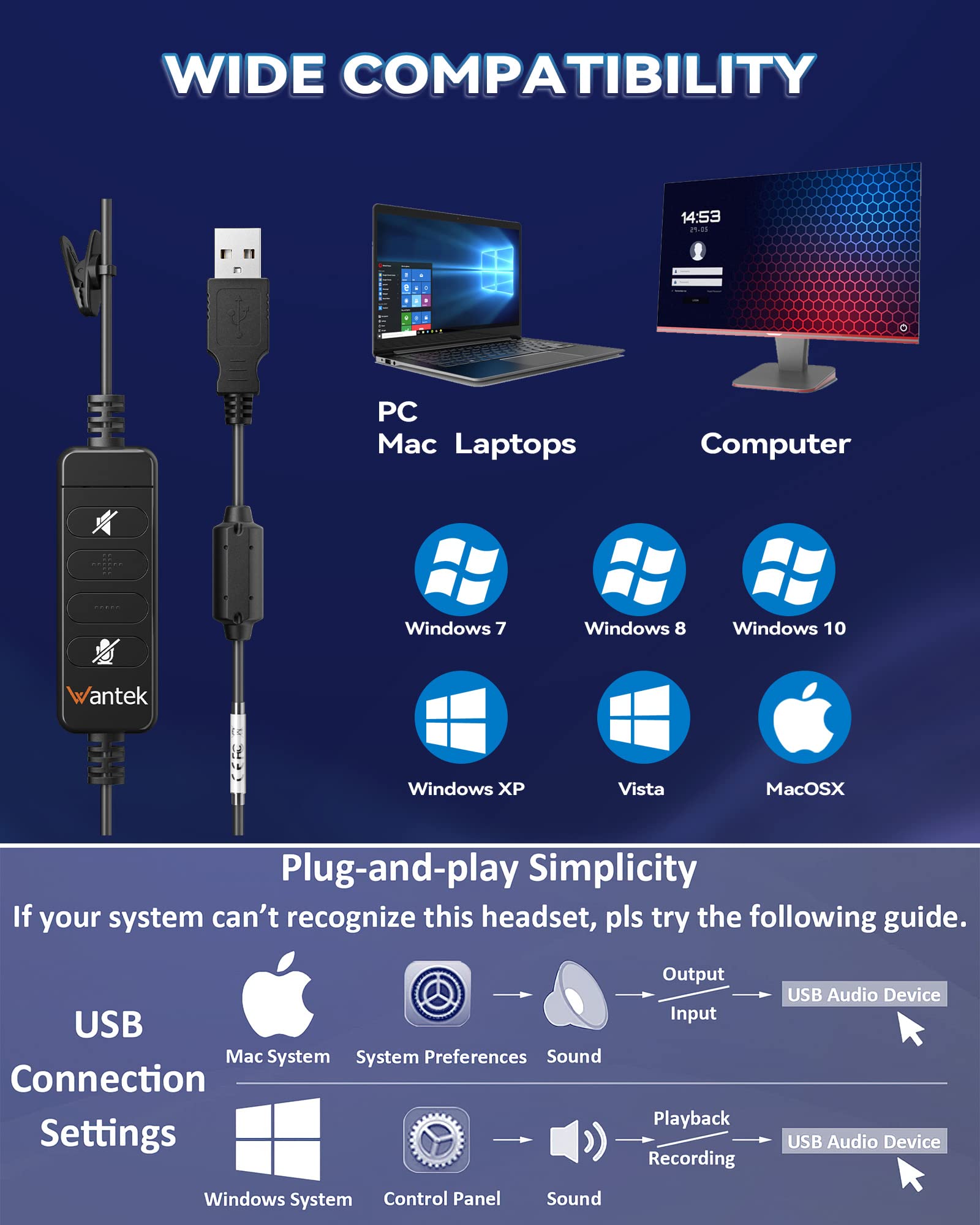 Wantek Corded Usb Headsets Mono With Noise Cancelling Mic And In Line Controls, Uc Business Headset For Skype, Softphone, Call C