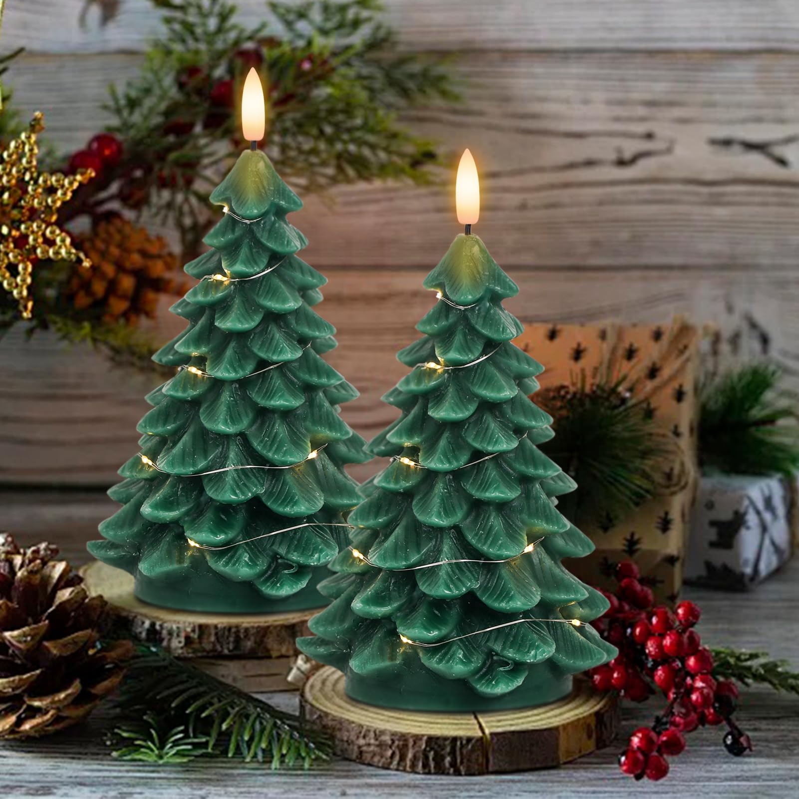 Lasumora Christmas Tree Shaped Led Candles With Remote Timer, 2 Pcs Flameless Pillar Candles With Embedded String Lights, Batter