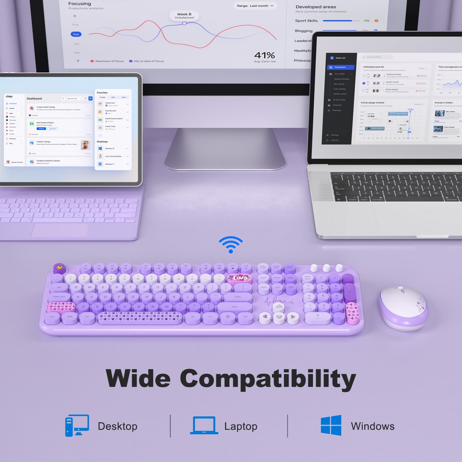 Mofii Wireless Keyboard And Mouse Combo   Pale Purple Full Sized Plug And Play Colorful Computer Keyboards   104 Keys Round Keyc
