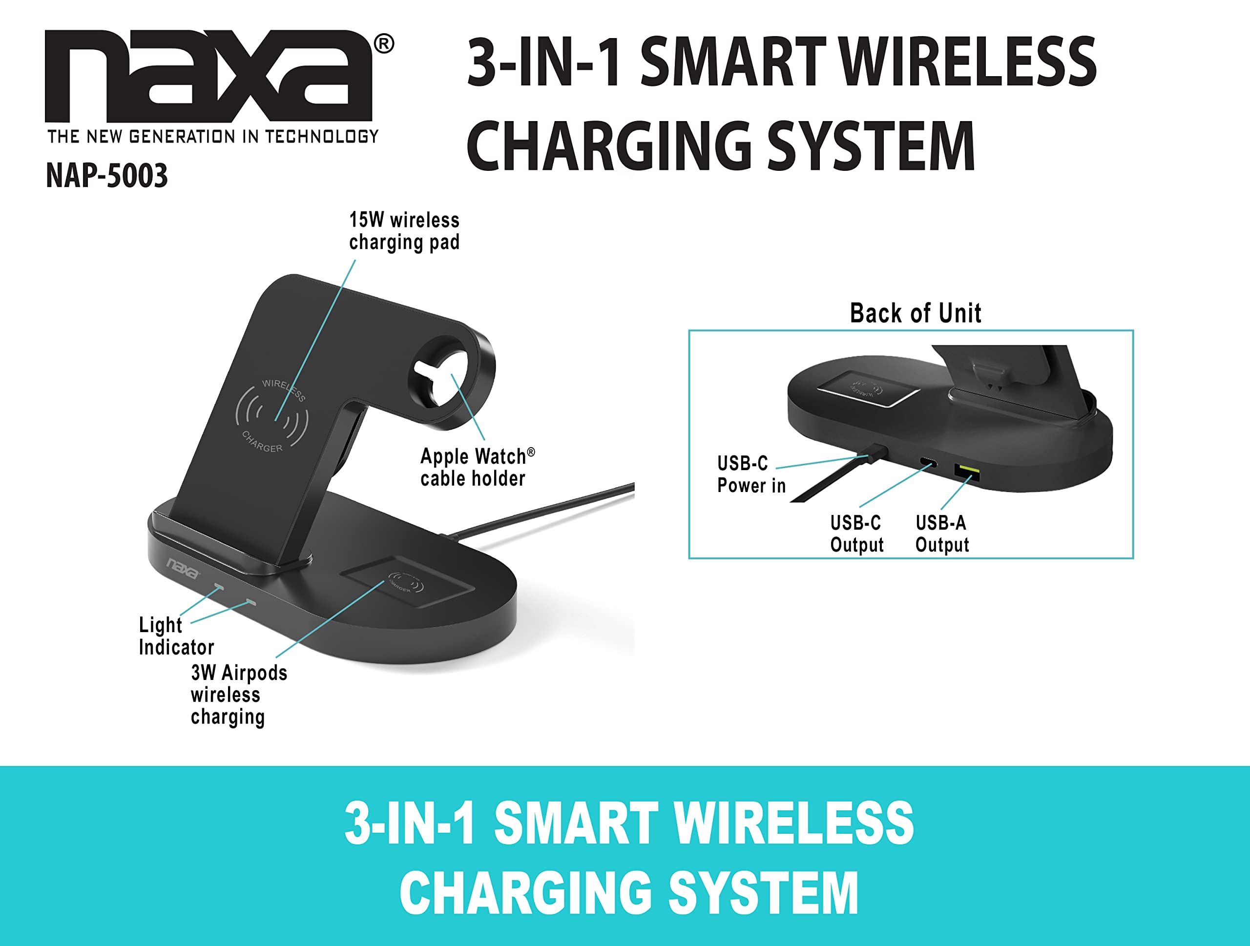 Naxa Electronics Nap-5003 3-In-1 Smart Wireless Charging System With Standing Qi 15W Wireless And Qi 3W Wireless Pad For Phones,