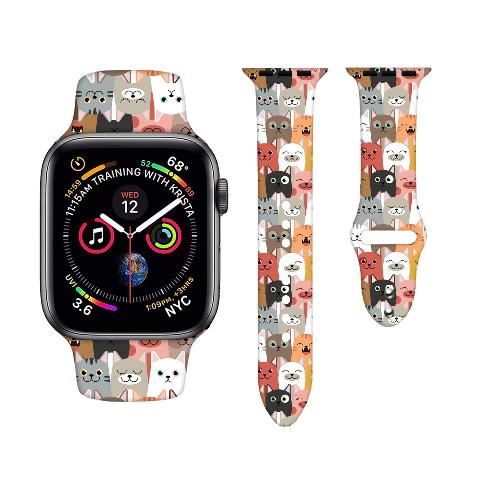 Cute Funny Cat Pattern Watch Band Compatible With Apple Watch 38Mm 40Mm 42Mm 44Mm Adjustable Wristbands Cat Print Silicone Smart
