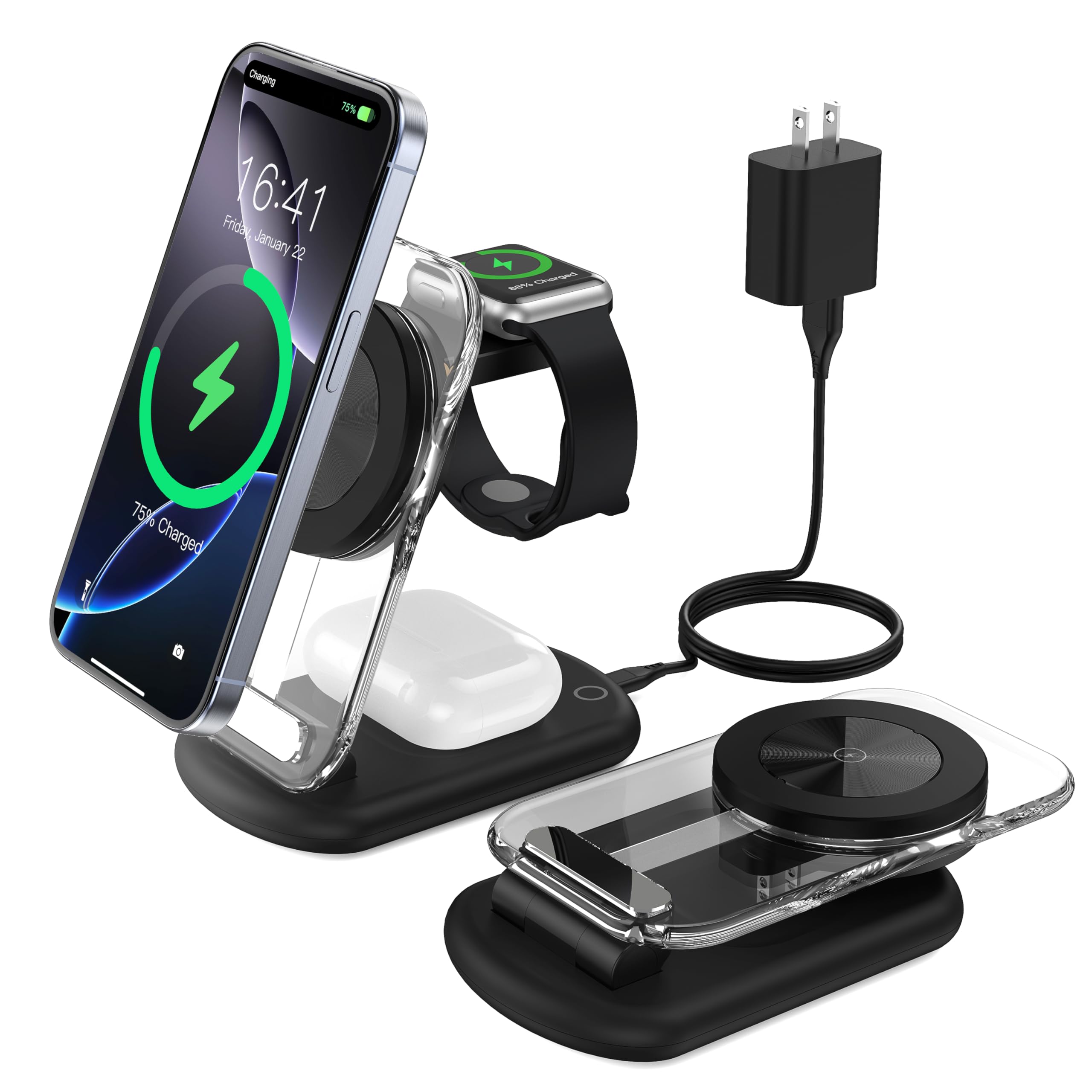3 In 1 Magnetic Wireless Charging Station For Apple Devices, Fast Foldable Travel Mag Safe Charger Stand With Night Light For Ip