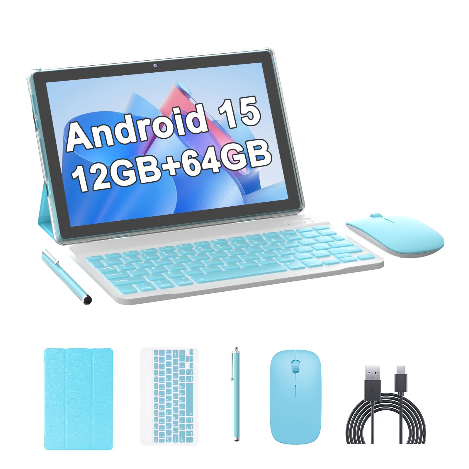 10 Inch Tablet Android 15 Tablets with Keyboard 64GB ROM+12GB RAM(4+8 expansion) Supports 1TB Expansion 2MP+8MP Dual Camera 6000