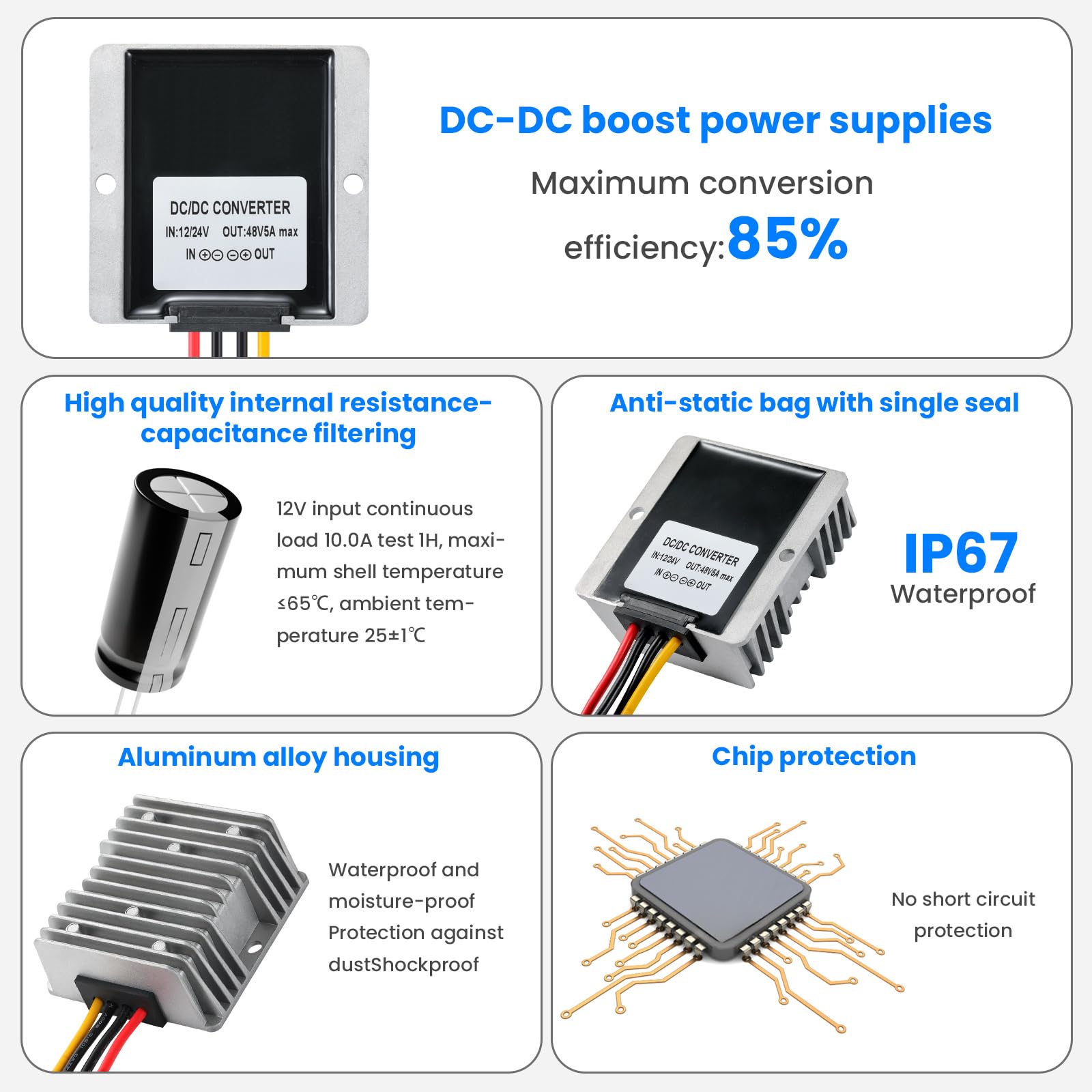 Mzhou Dc 12V Boost To 48V 5A Converter, 12V To 48V Dc/Dc Step Up Controller With Terminal Block, Waterproof Transformer For Auto
