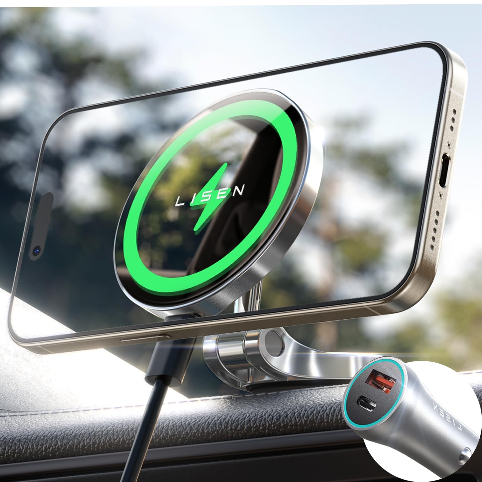 Lisen For Magsafe Car Charger, 15W Ultra Magnetic Car Phone Holder, For Magsafe Car Mount Charger Metal Dashboard Cell Phone Car