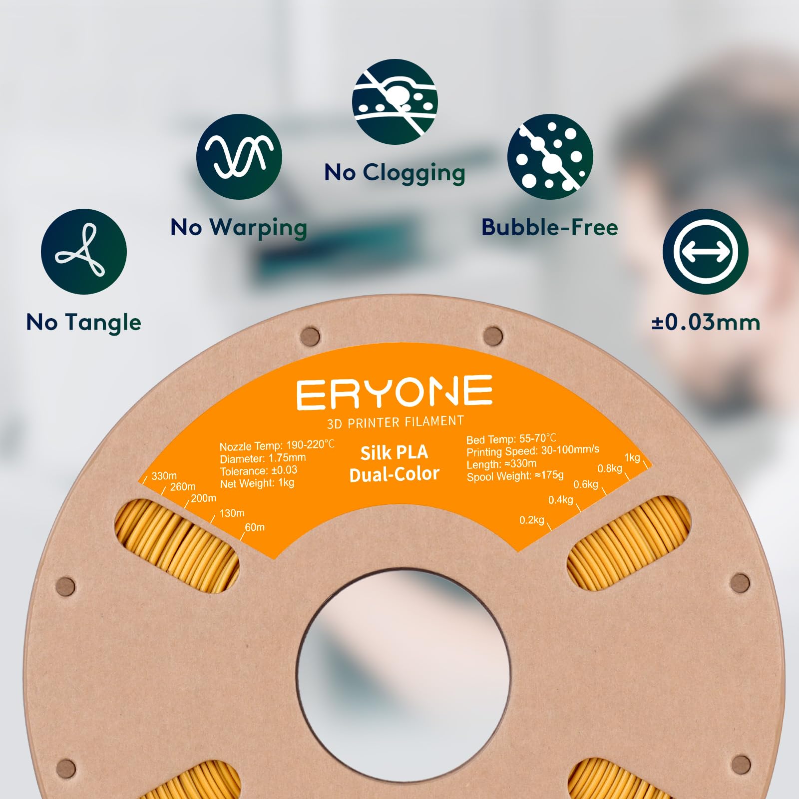 Eryone Silk Dual Color Filament Pla 3D Printer 1.75Mm +/  0.03Mm, Coextrusion Filament Pla Shiny Filament 1Kg(2.2Lbs), Black Gol