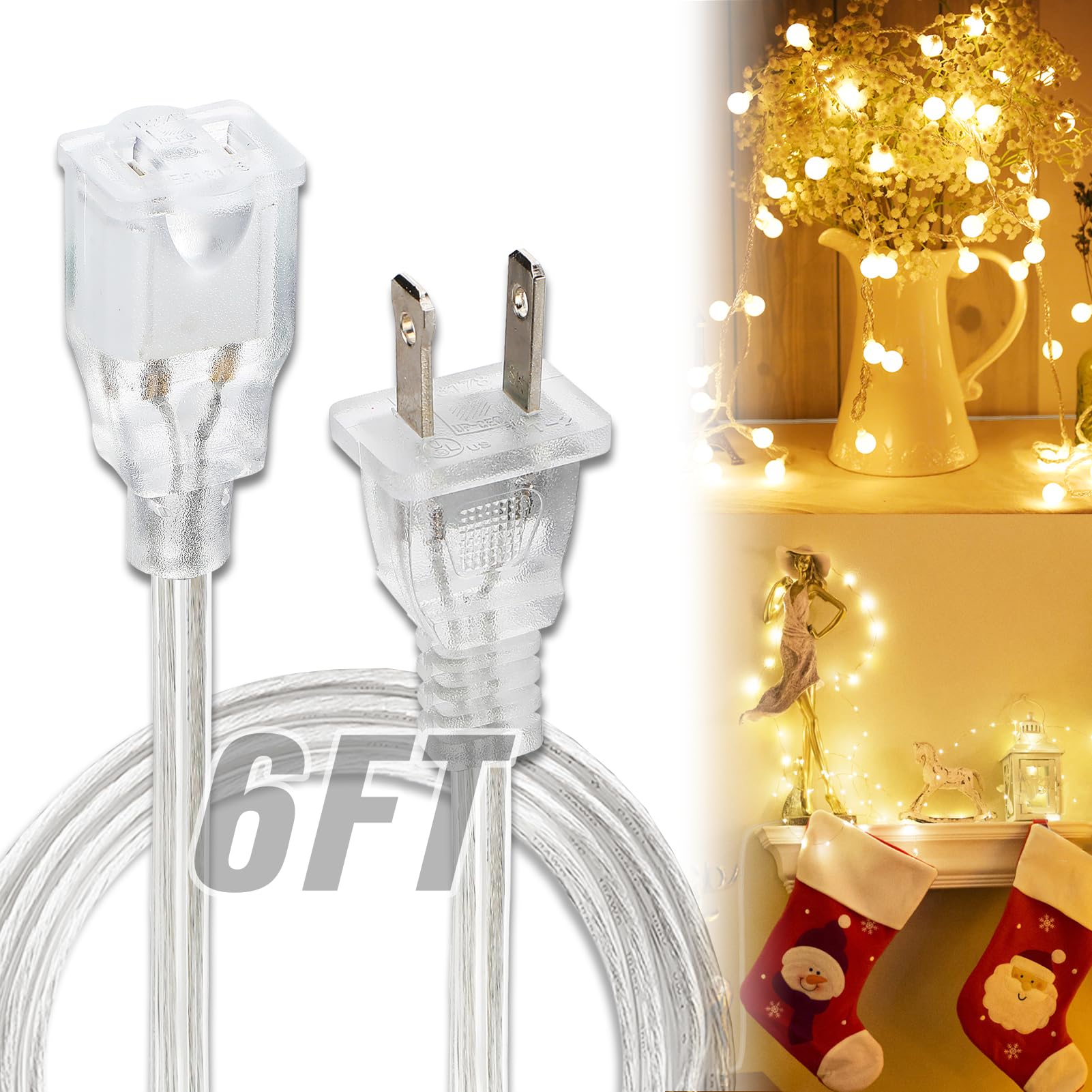 Clear Extension Cord   6 Ft Male To Female Invisible Indoor 2 Prong Power Cable, Thin For Christmas Tree Lighting, Ul Certified,