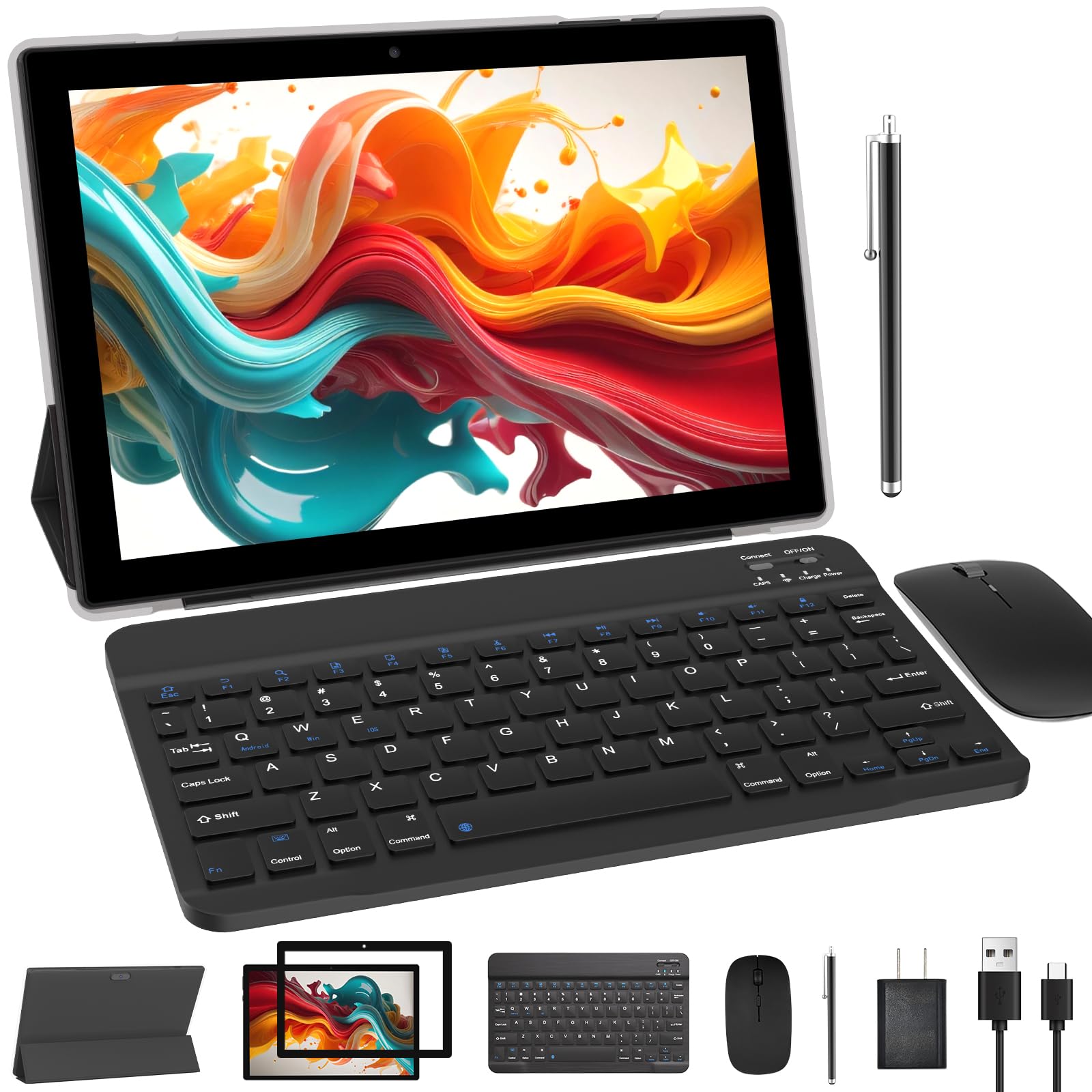 10 Inch Tablet With Keyboard 2 In 1 Tablet Android 12 Tablets Include Case Mouse Stylus Tempered Film 6000Mah Battery 4Gb+64Gb/5