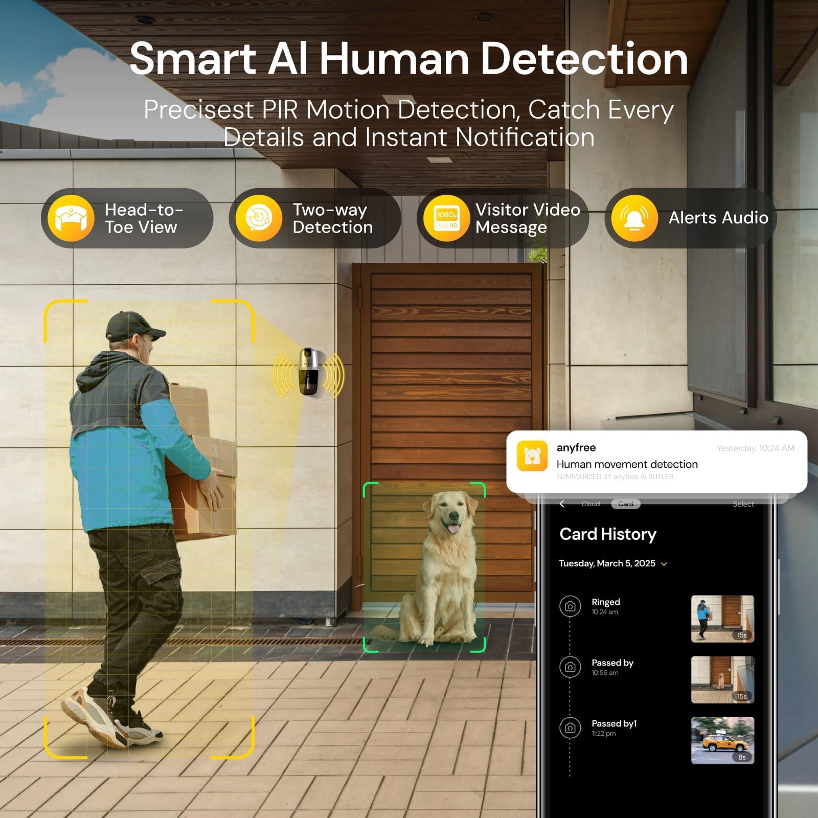 Anyfree Hello Doorbell Camera Wireless With Solar Powered Battery, Video Doorbell With Chime, Ai Motion Detection&Alert, 2.4&5G