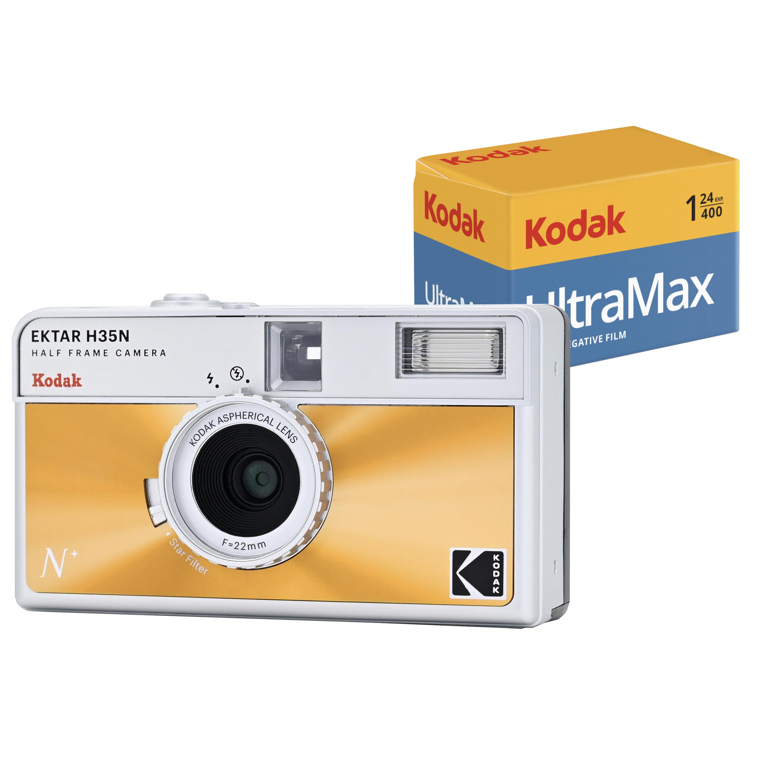 Kodak Ektar H35N Half Frame Film Camera Bundle With Kodak Ultramax 400/24Exp 35Mm Roll Film (Glazed Orange)