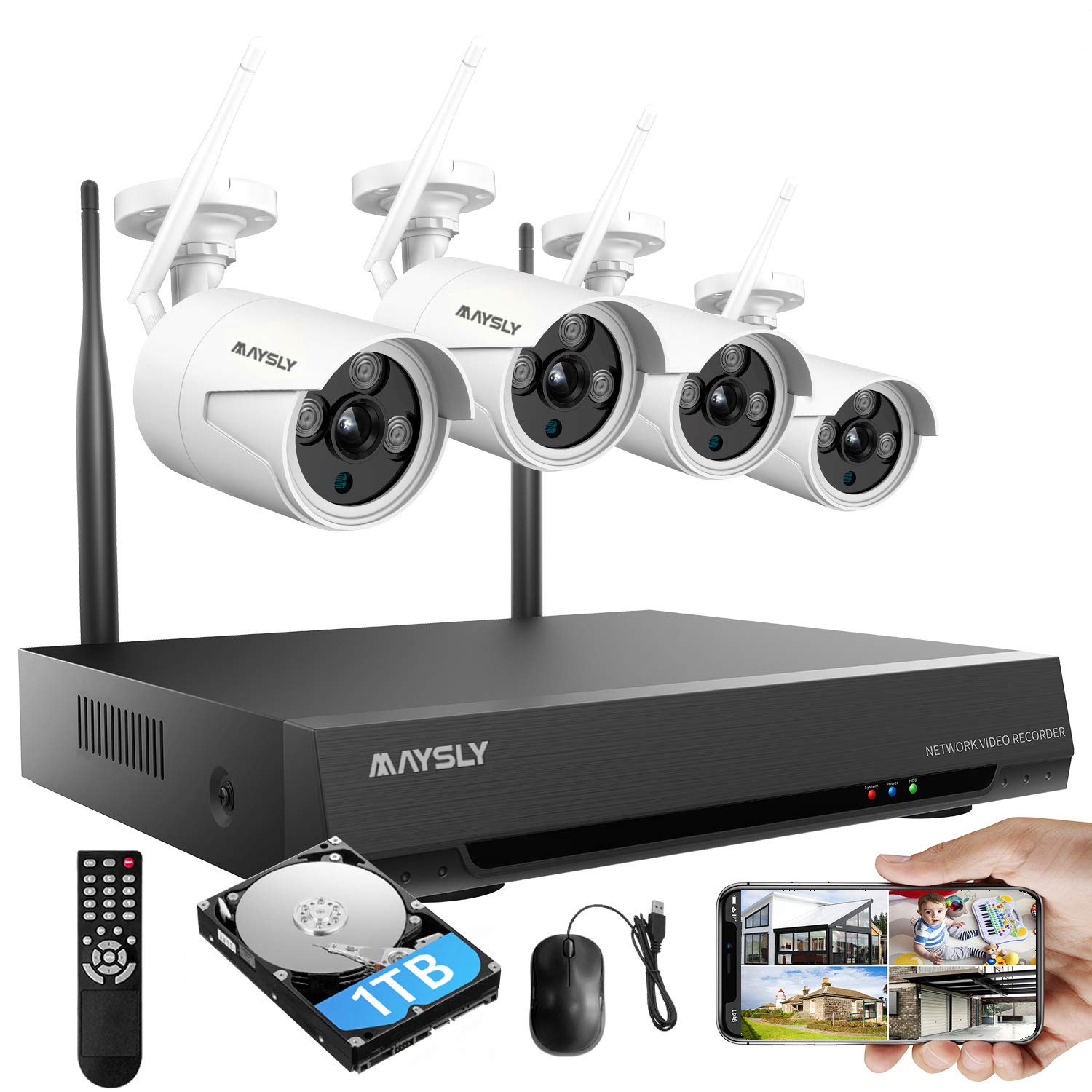 Maysly Home Security Camera System Wireless, 8Ch 1080P Surveillance Nvr Kits With 4Pcs 2.0Mp Cameras Outdoor & Indoor With 65Ft