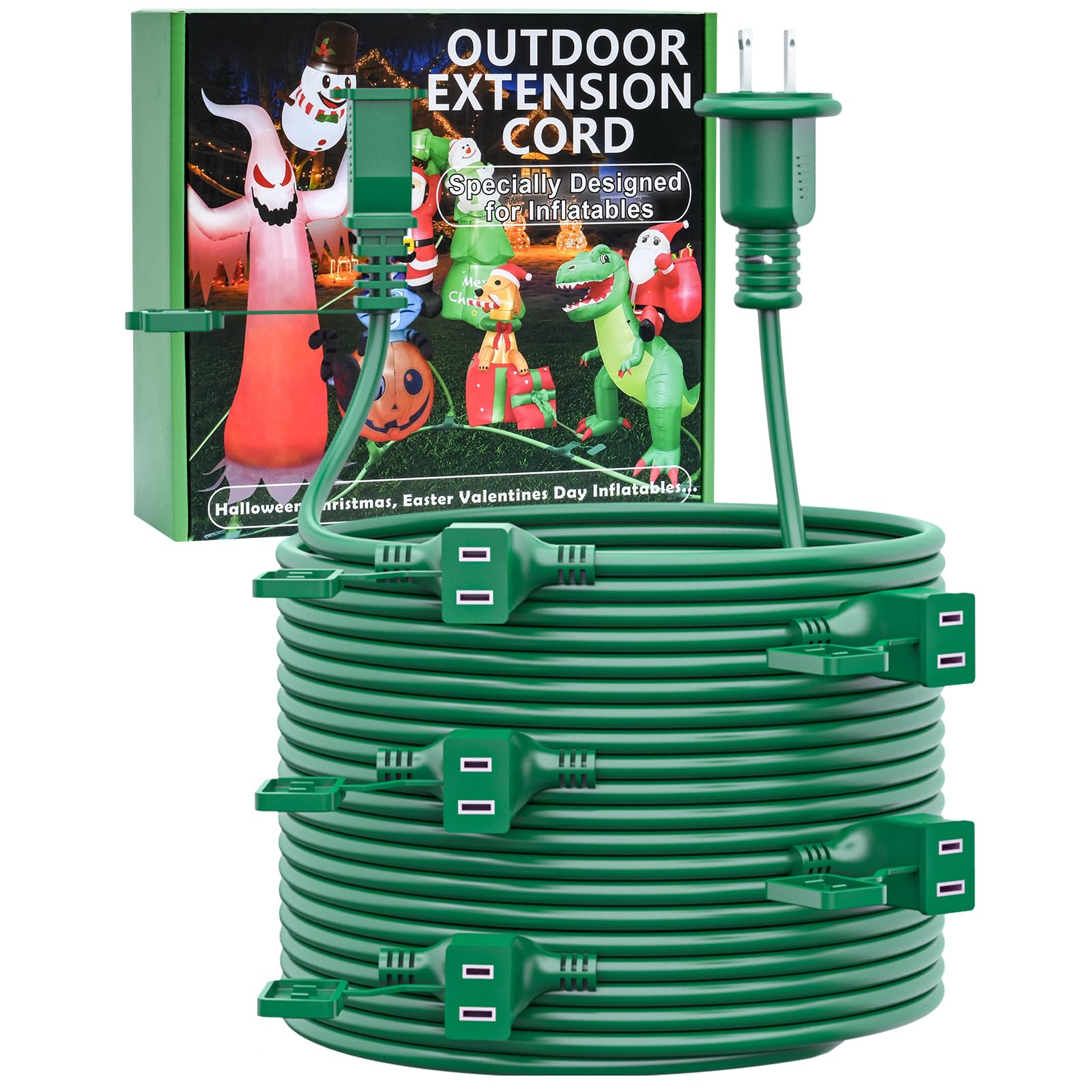 50Ft Outdoor Extension Extension Cord For Halloween Christmas Inflatables With Multiple Outlets Green Electrical Cord With Multi