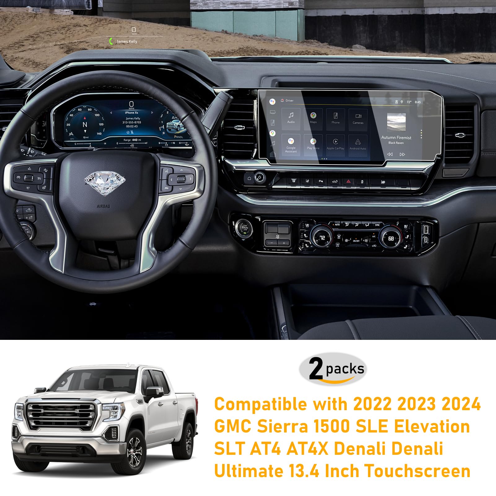 Moonlinks 2Pcs Tempered Glass Screen Protector 13.4' Compatible With 2022 2024 Chevy Silverado Gmc Sierra 1500/2500/3500 Navigation Touchscreen Protector High Definition 9H Hardness Anti Fingerprint