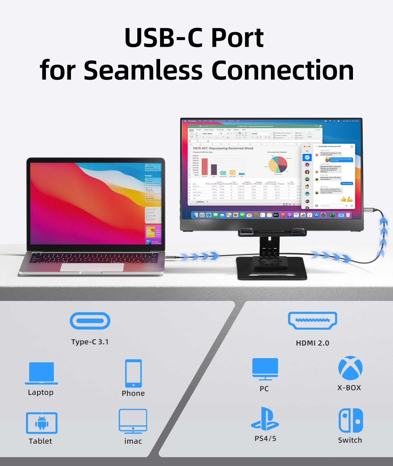 Ingnok Portable Monitor   Ultra Slim 15.6 Inch Full Hd Ips Laptop Screen Extender With Adjustable Stand For Laptop, Usb C Compat