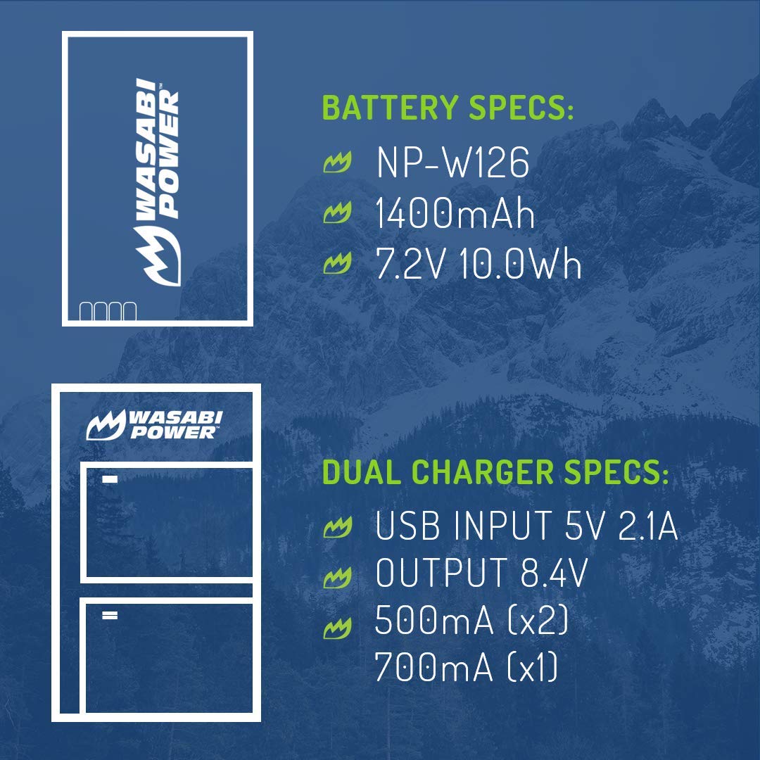 Wasabi Power Np W126, Np W126S Battery (2 Pack) Usb C Dual Charger For Fuji X T100, X T200, X100F, X100V, X100Vi, X S10, X A5, X