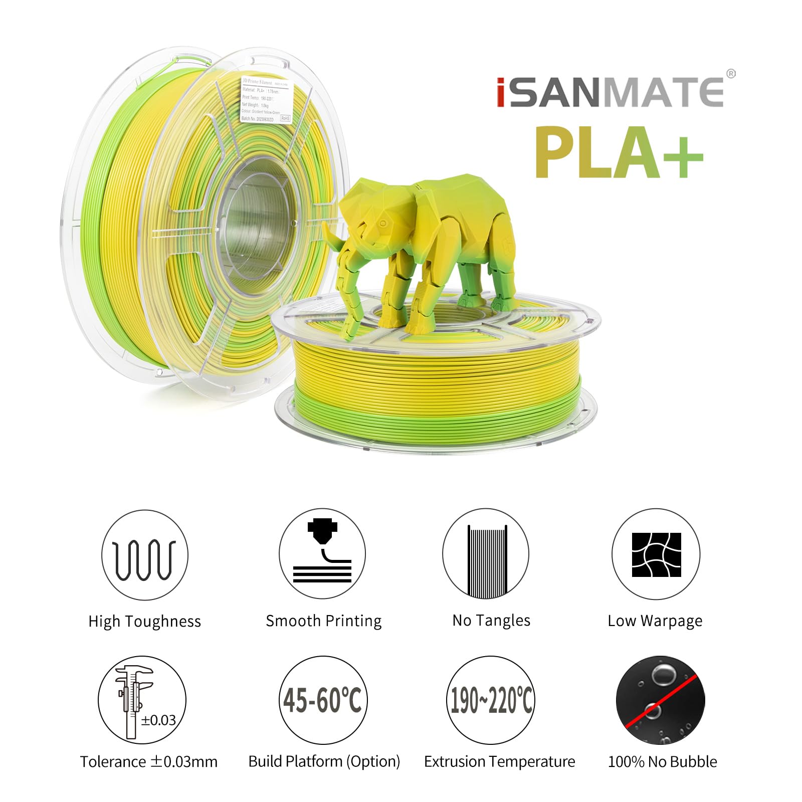 Isanmate Pla+ Filament, 3D Printer Filament Matte Gradient Multicolors Filament, Color Change Rainbow Filament, Yellow, Green Fi