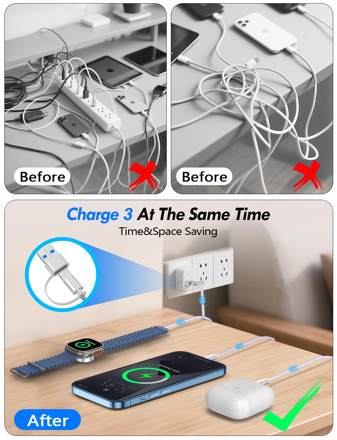 1Pack Multi Fast Charging Cable For Apple Watch Charger,Iphone Charger[3-In-2 Travel Essentials]Usb A/Type C/Lightning Cable For