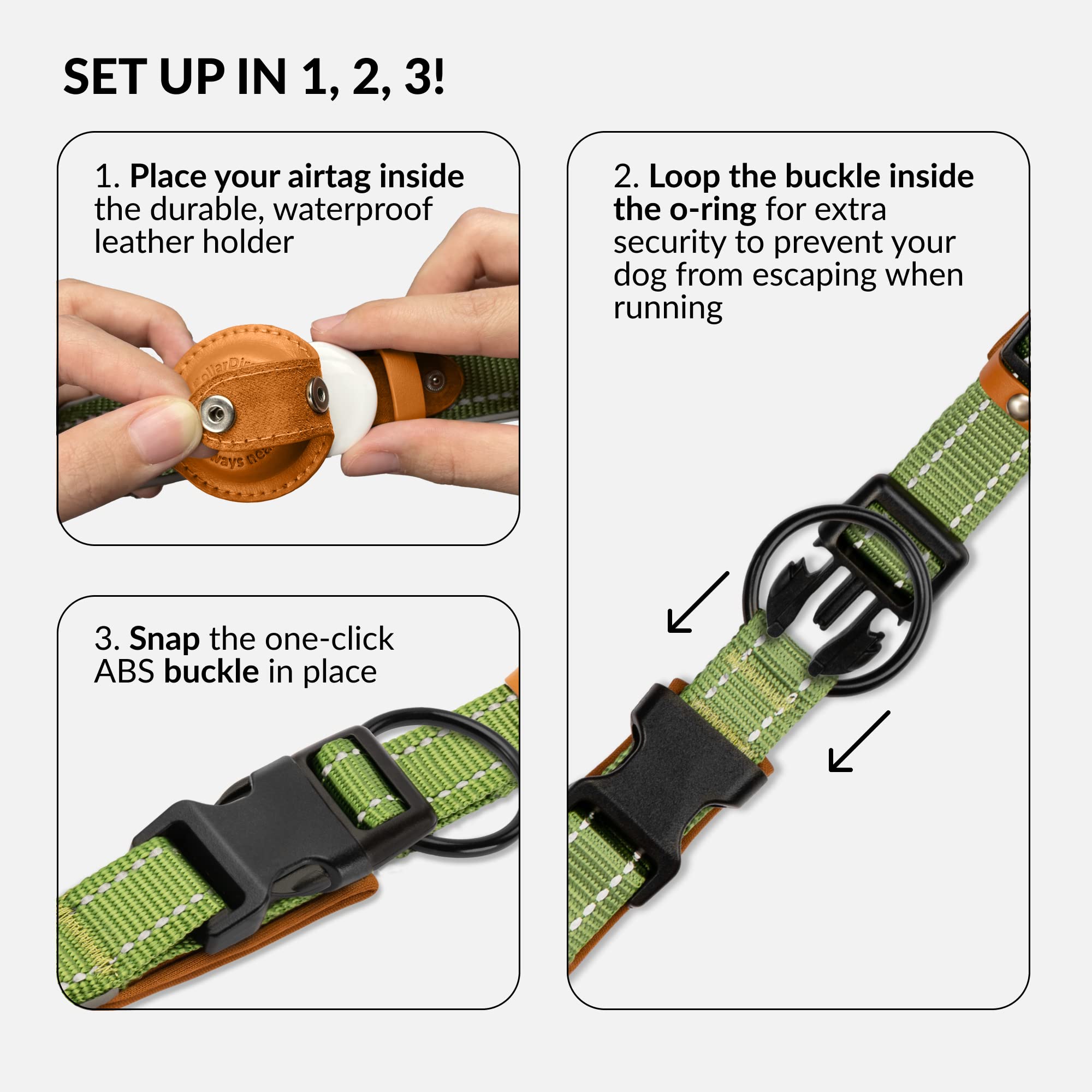 Airtag Dog Collar, Collardirect, Reflective Dog Collar For Apple Air Tag For Large, Medium, And Small Dogs, Green, Xl