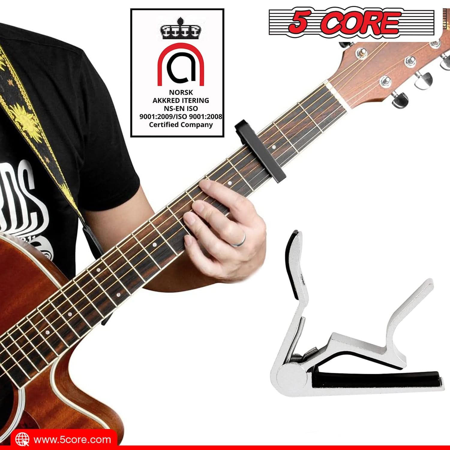 5Core Capo Acoustic Electric Guitar 6 String Quick And Easy Adjustment Classic Clip - Banjo Mandolin Or Ukulele Capotraste Para