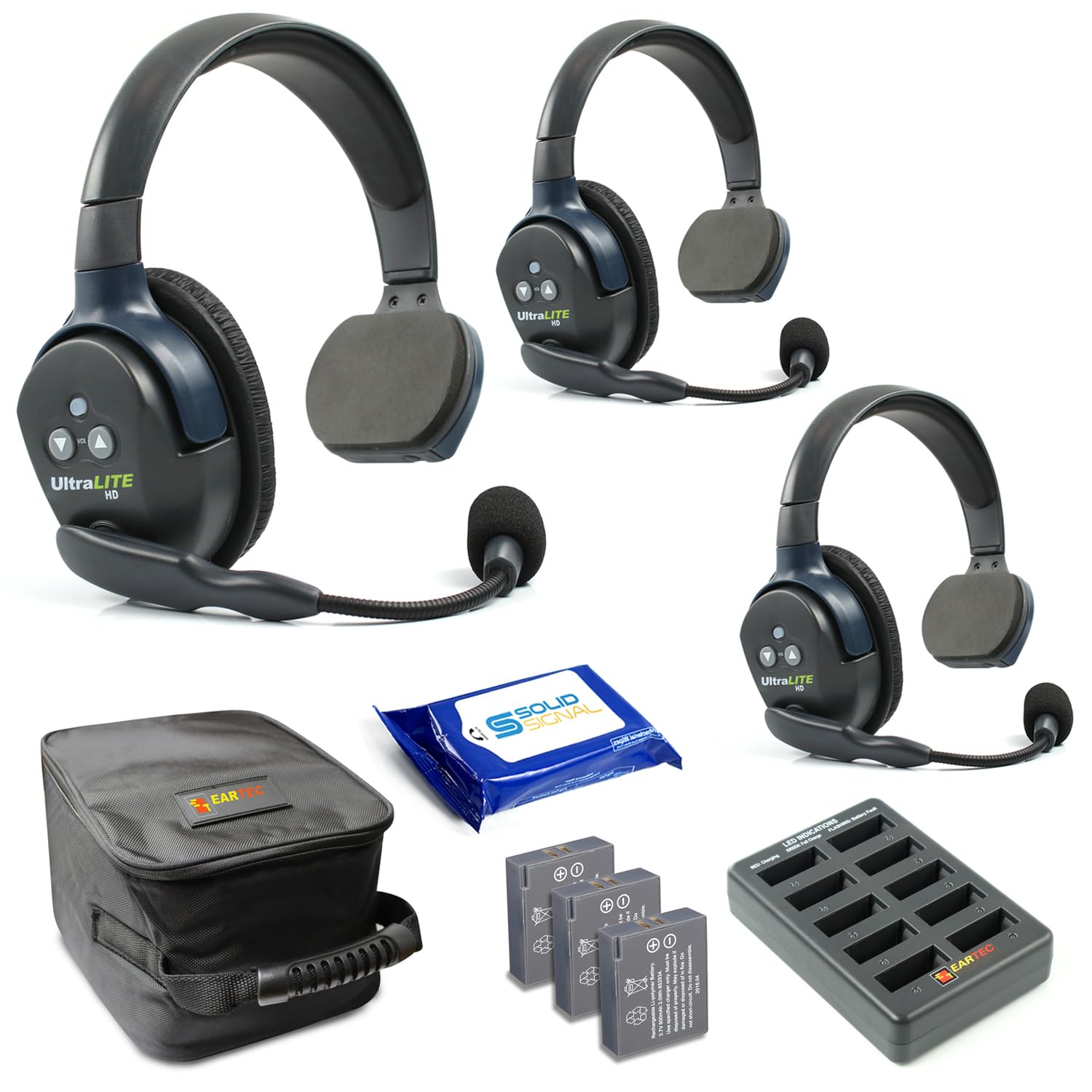 Eartec Ul3S Ultralite Full Duplex Wireless Headset Communication For 3 Users   3 Single Ear Headsets, Solidsignal Cleaning Wipes