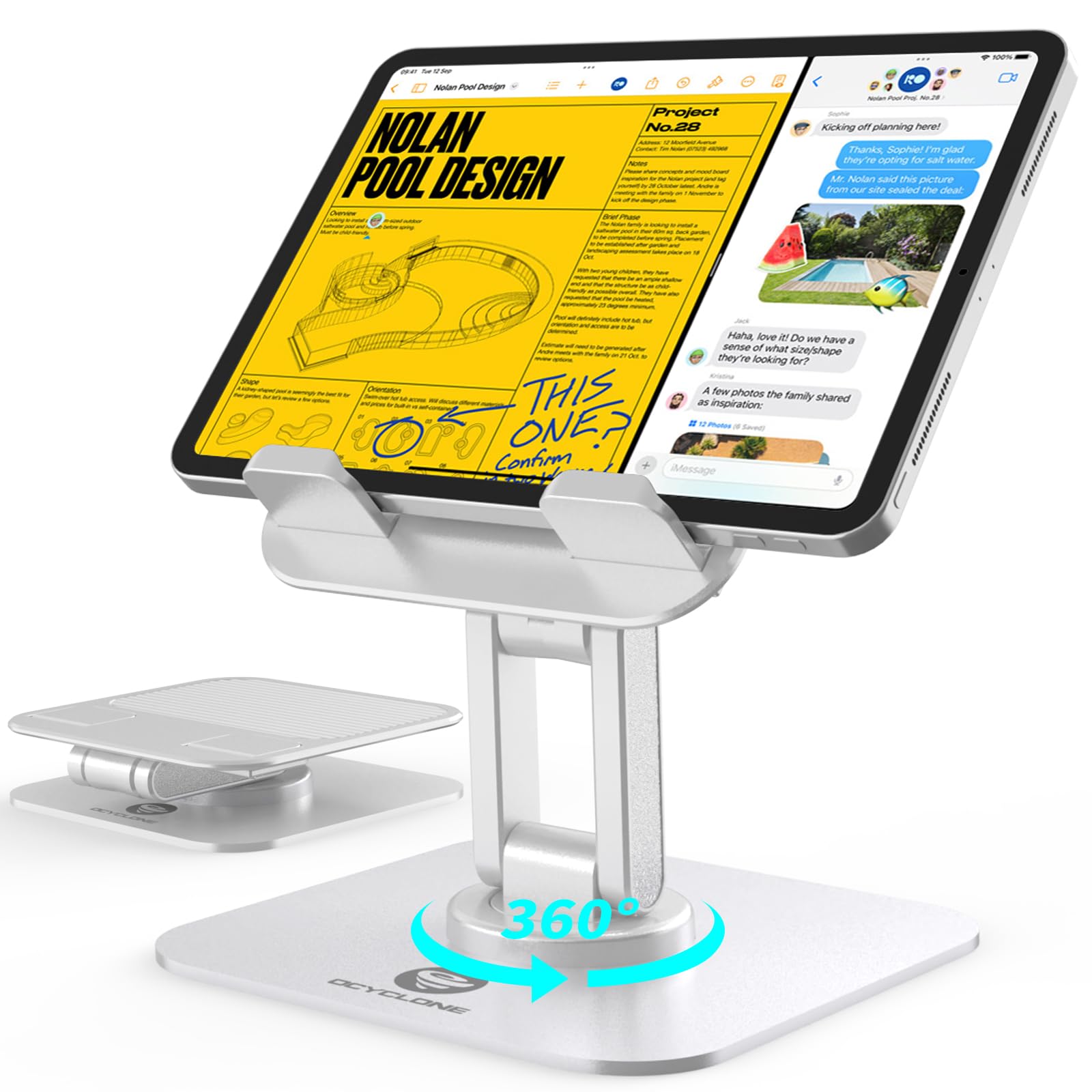 OCYCLONE for iPad Stand for Desk 360 Rotating Adjustable Portable Monitor Tablet Holder, White