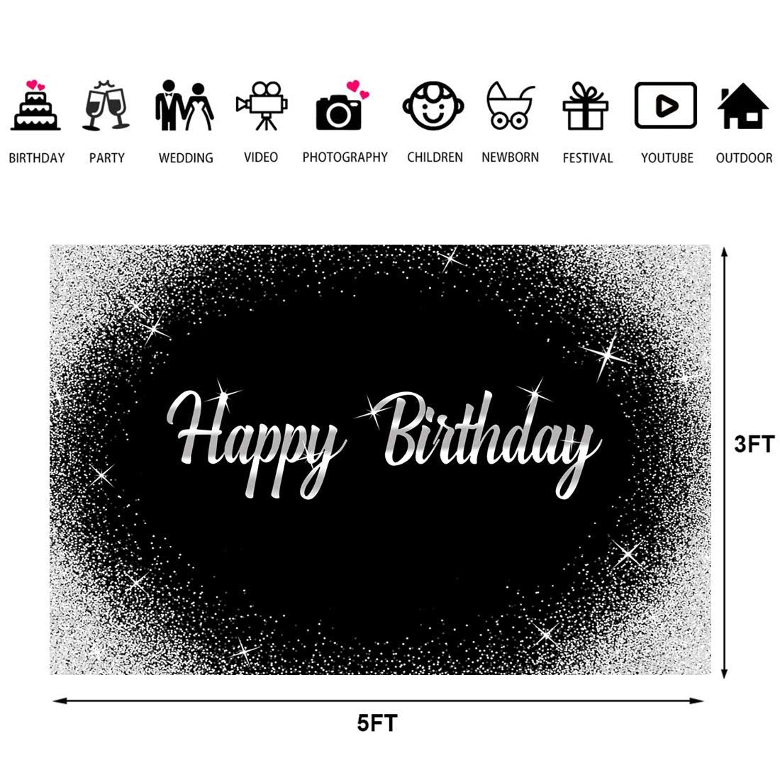 Happy Birthday Backdrop Glitter Silver Dots And Black Photography Background 5X3Ft Birthday Party Decorations Banner For Any Age
