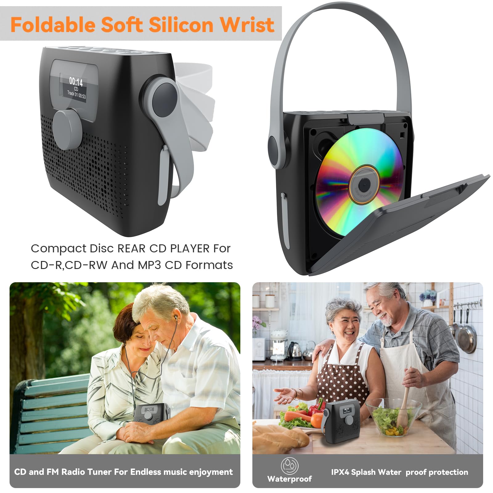 Monodeal Cd Player Portable,Bluetooth Boombox Cd Player With Speakers,Portable Fm Radio For Camping& Travel(Favourite Memory,Led,Waterproof,Clock,Alarm Timer,Usb,Headphone Jack,Batterypower Supply,6W)