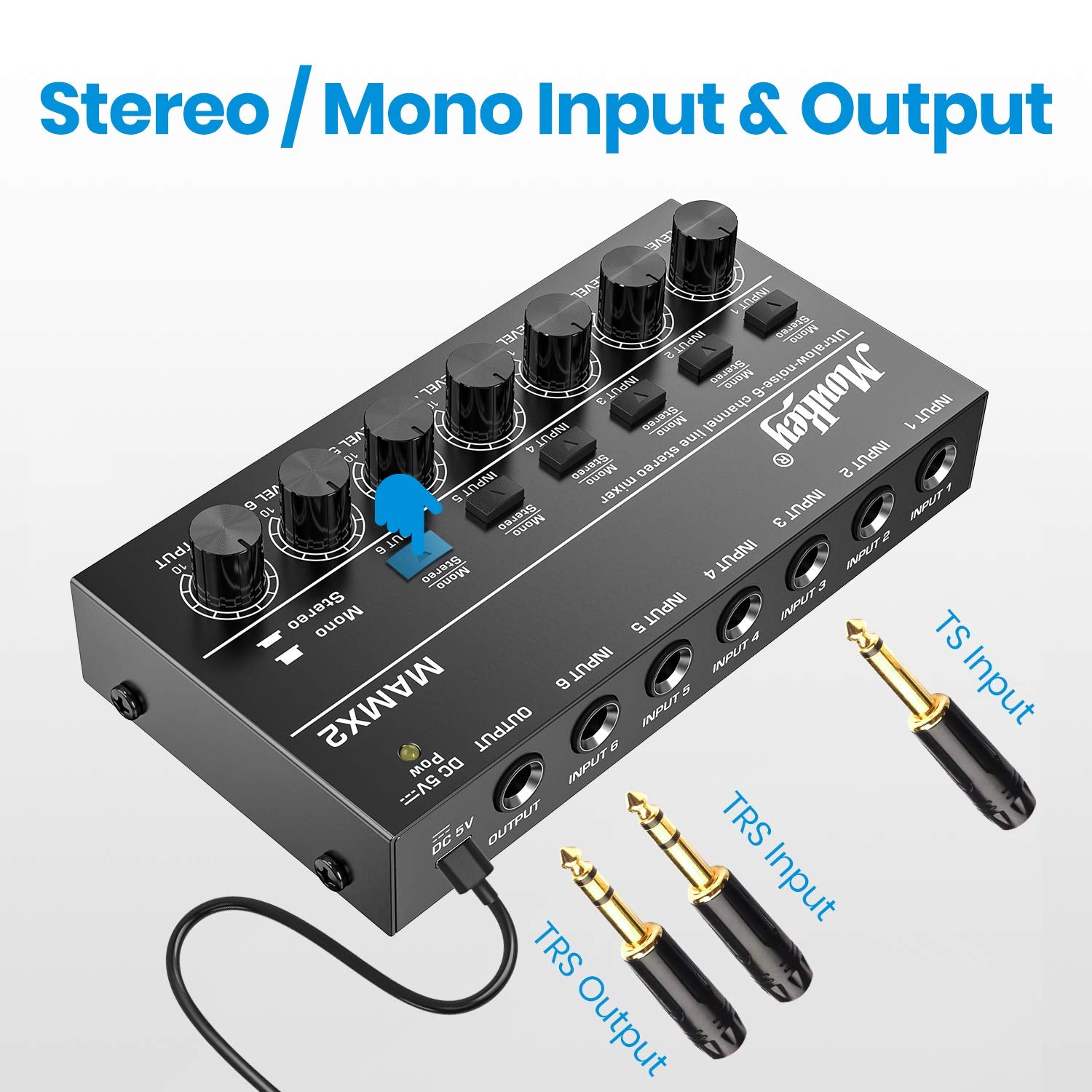 Moukey Audio Mixer Line Mixer, Dc 5V, 6 Stereo Ultra, Low Noise 6 Channel For Sub Mixing, Ideal For Small Clubs Or Bars, As Guitars, Bass, Keyboards Mixer, 2021 New Version Mamx2