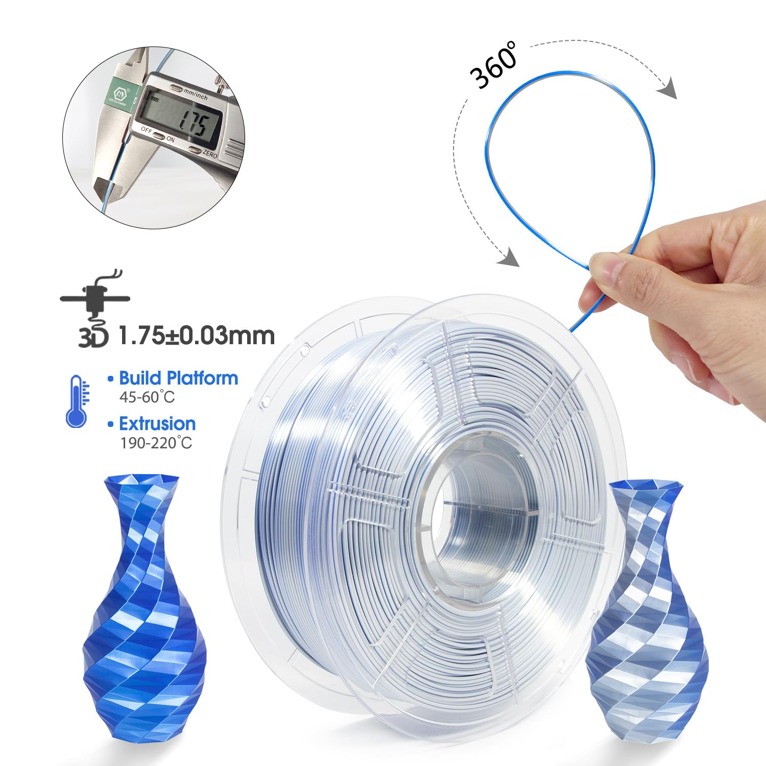 Isanmate Pla 3D Printer Filament, Pla Filament 1.75Mm Dual Color Silk Pla, Silk Blue Silver 3D Printing Filament,1 Kg Spool