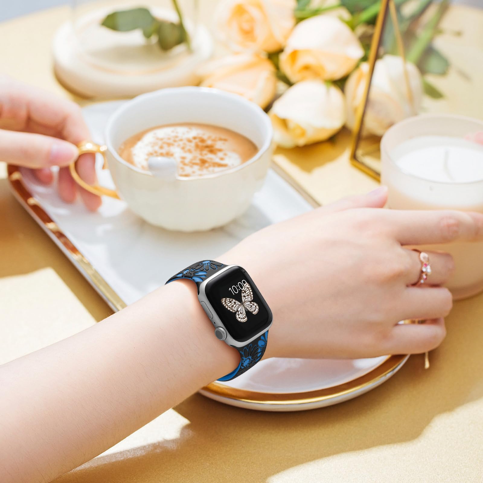 Daqin Floral Engraved Band Compatible With Apple Watch Band 44Mm 45Mm 46Mm 49Mm 42Mm Women,Cute Flower Pattern Band Soft Silicon